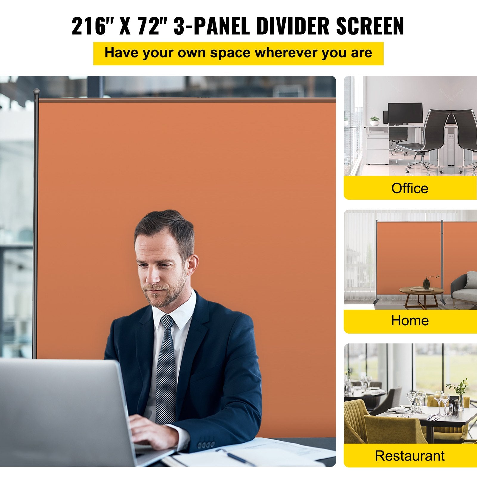 VEVOR Office Partition Room Divider Wall 216"x72" 3-Panel Office Divider Orange 