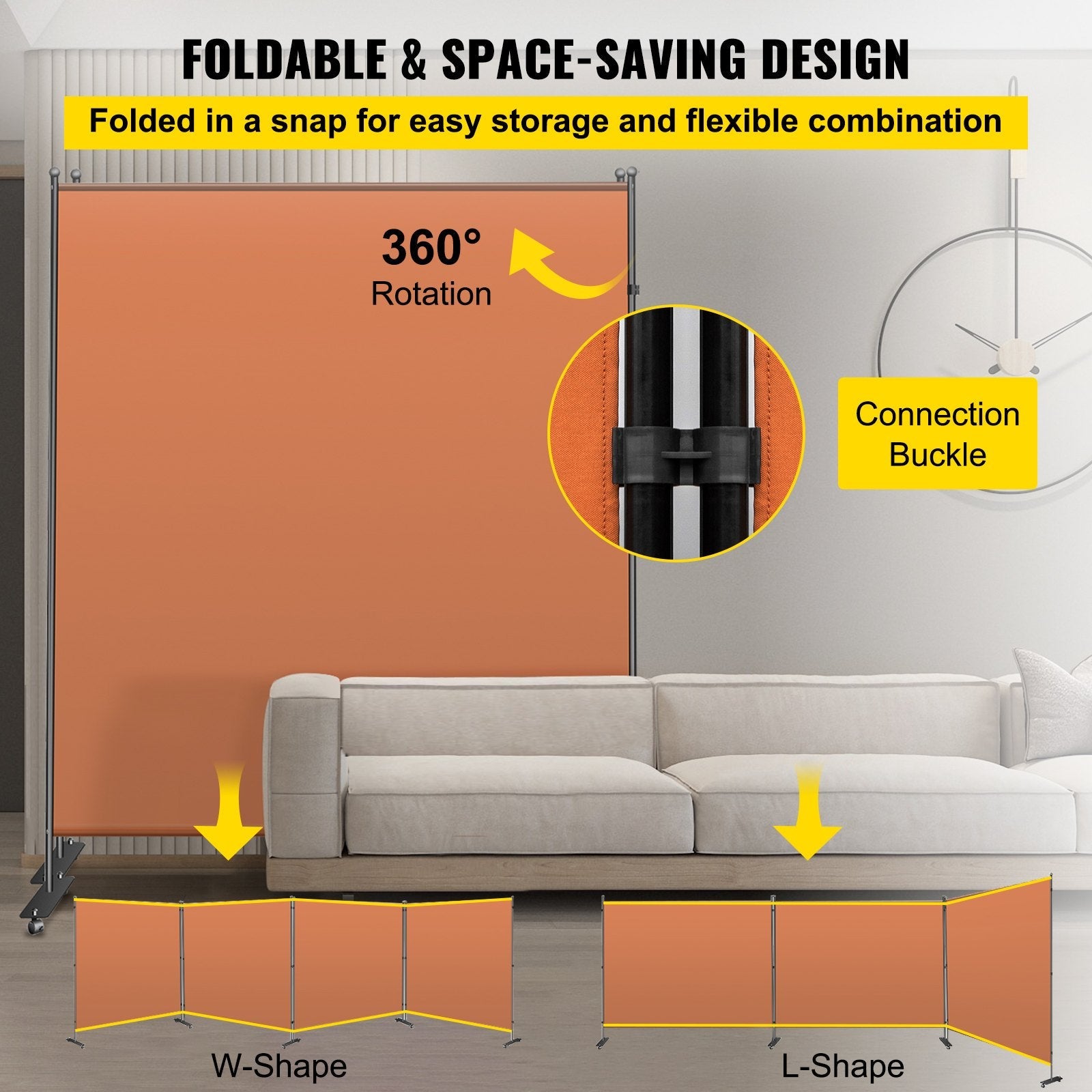 VEVOR Office Partition Room Divider Wall 216"x72" 3-Panel Office Divider Orange 