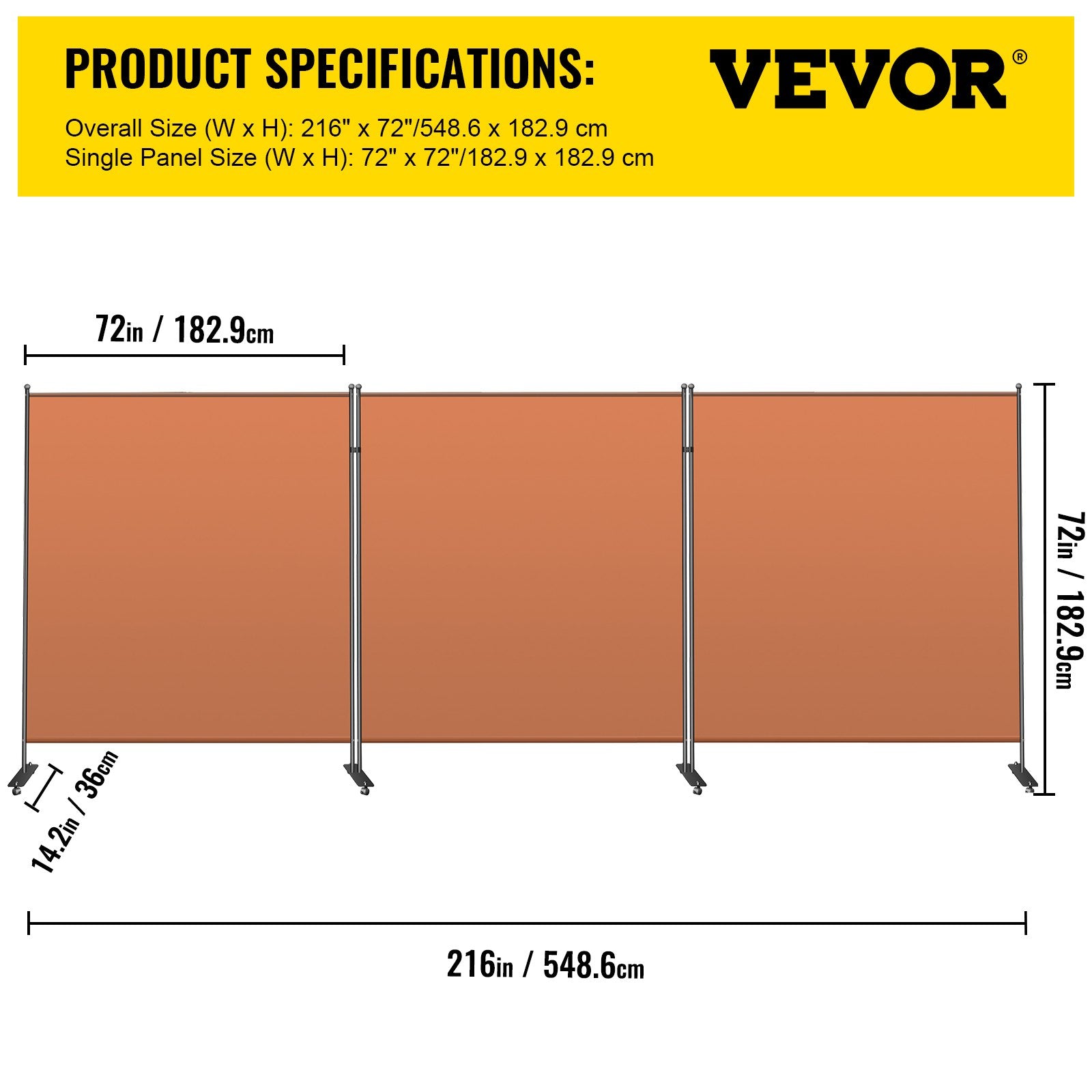 VEVOR Office Partition Room Divider Wall 216"x72" 3-Panel Office Divider Orange 