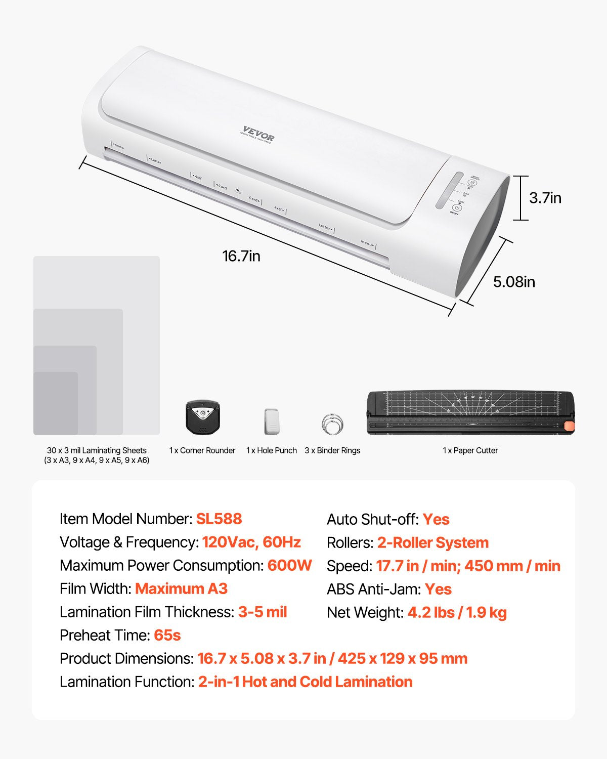 VEVOR Laminator Machine Cold & Hot Laminator for Max A3 Size 3-5 mil Thickness 