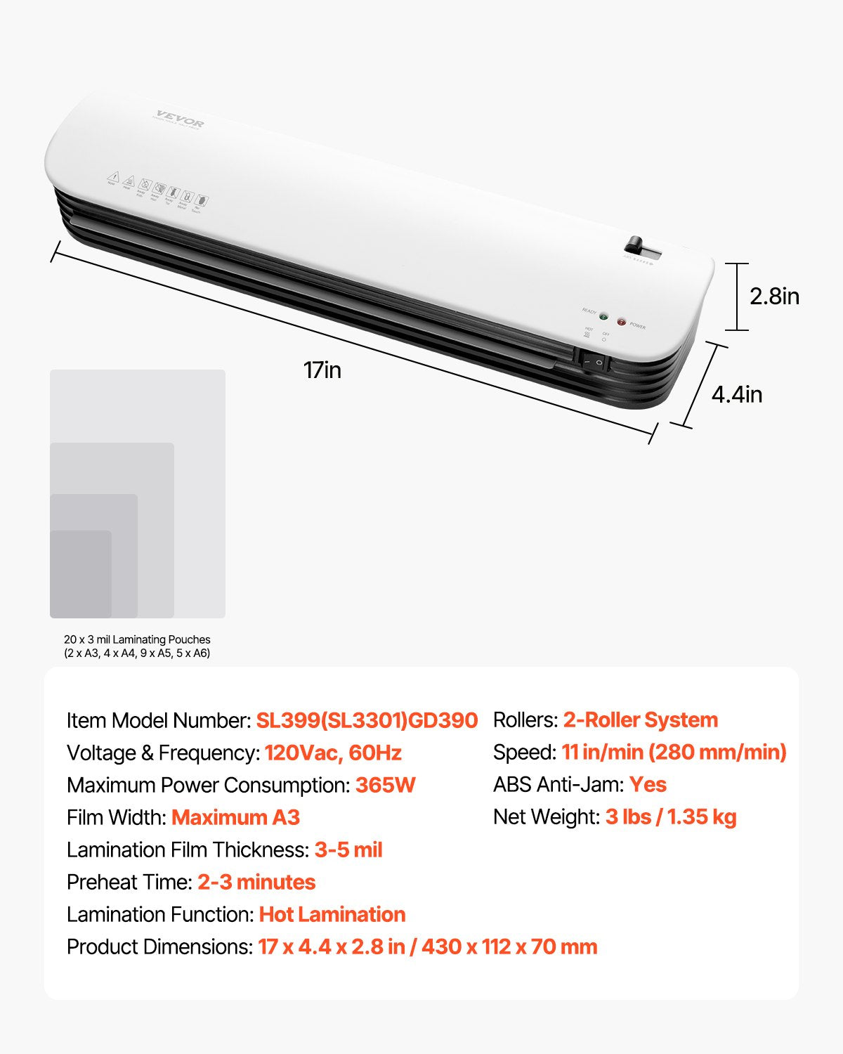 VEVOR Laminator Machine Thermal Laminator for Max A3 Size 3-5 mil Thickness 