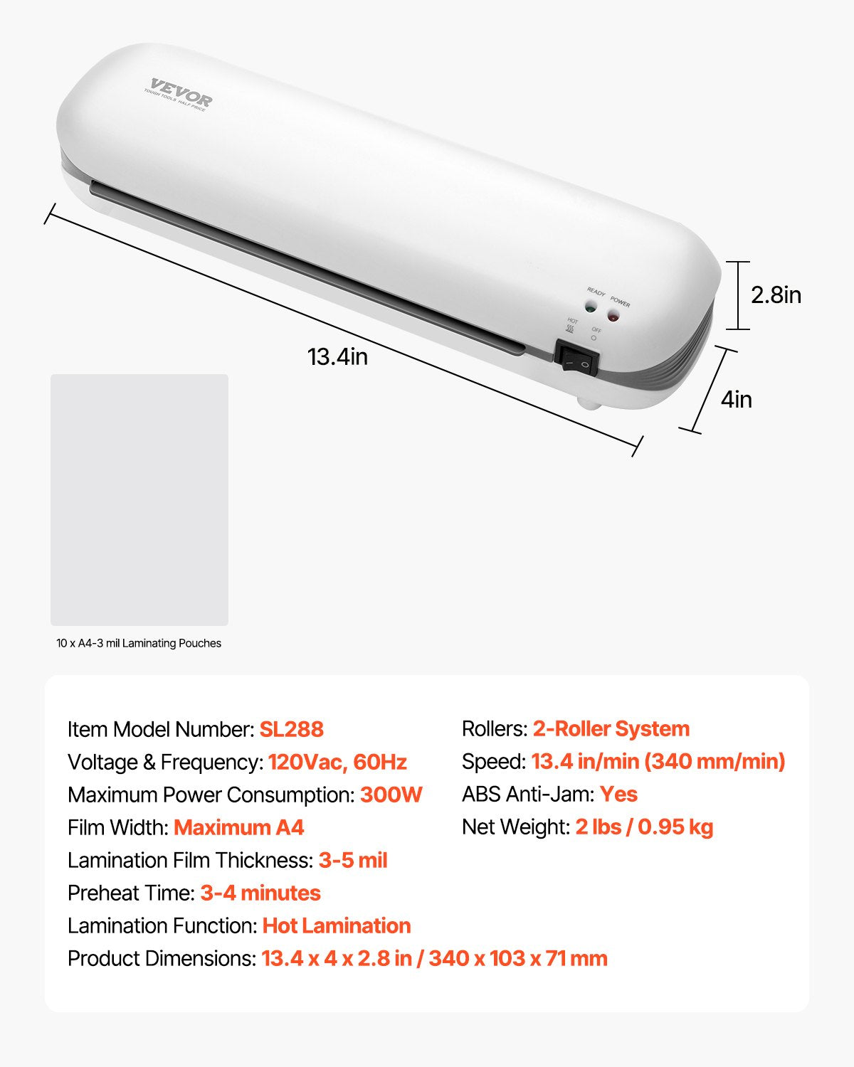 VEVOR Laminator Machine Thermal Laminator for Max A4 Size 3-5mil Thickness White 