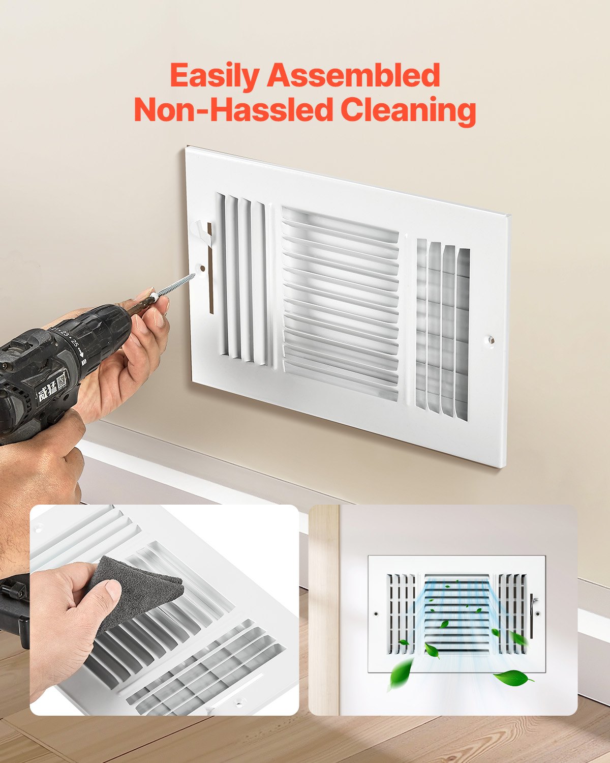 VEVOR Floor Registers 3-Way 6x10 Inch Iron Floor Vents HVAC Grilles 6-Pack White 