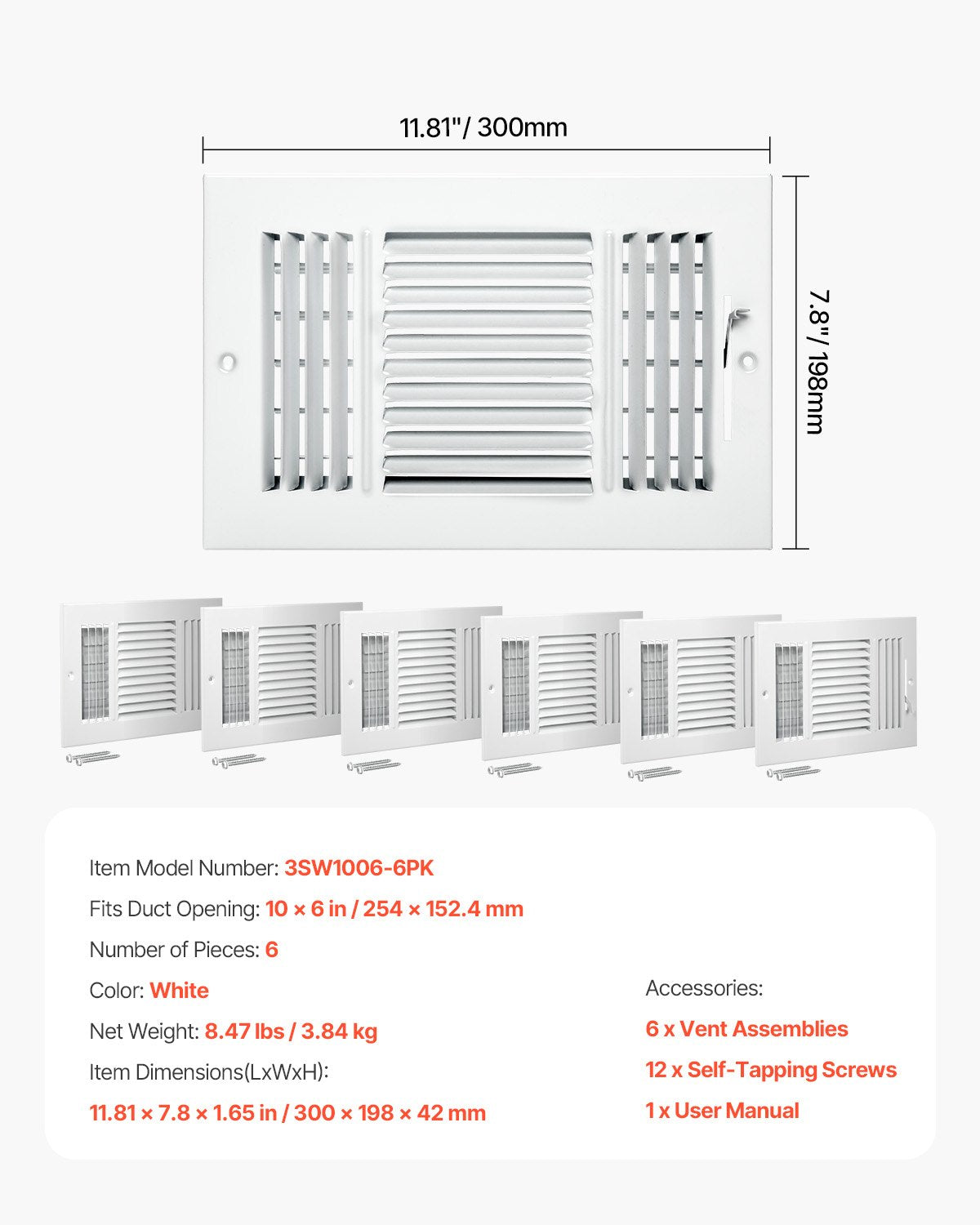 VEVOR Floor Registers 3-Way 6x10 Inch Iron Floor Vents HVAC Grilles 6-Pack White 