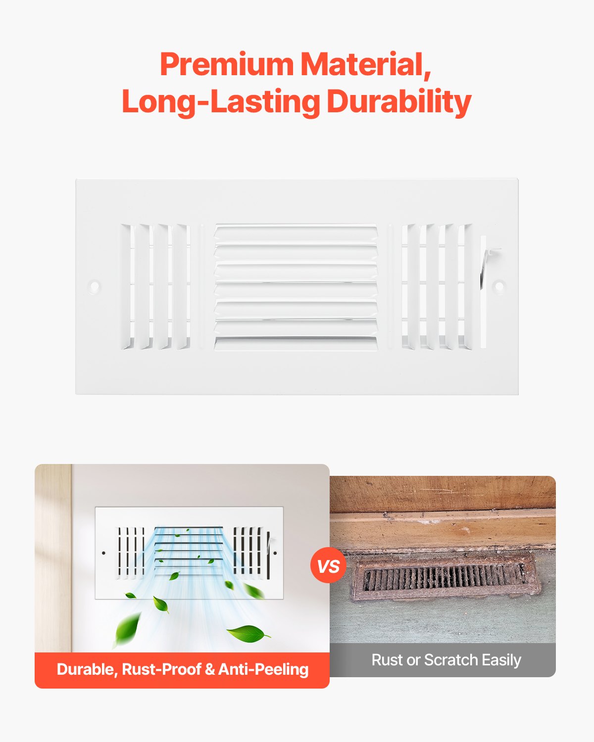 VEVOR Floor Registers 3-Way 4x10 Inch Iron Floor Vents HVAC Grilles 6-Pack White 
