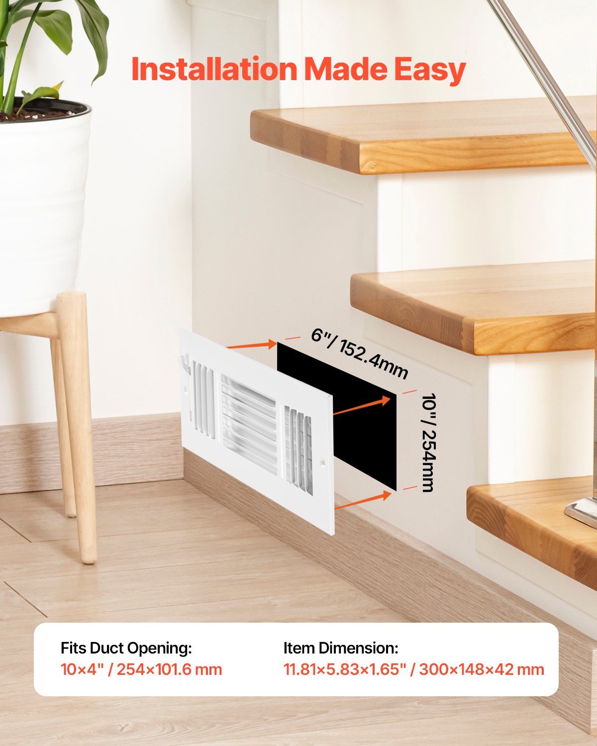 VEVOR Floor Registers 3-Way 4x10 Inch Iron Floor Vents HVAC Grilles 6-Pack White 