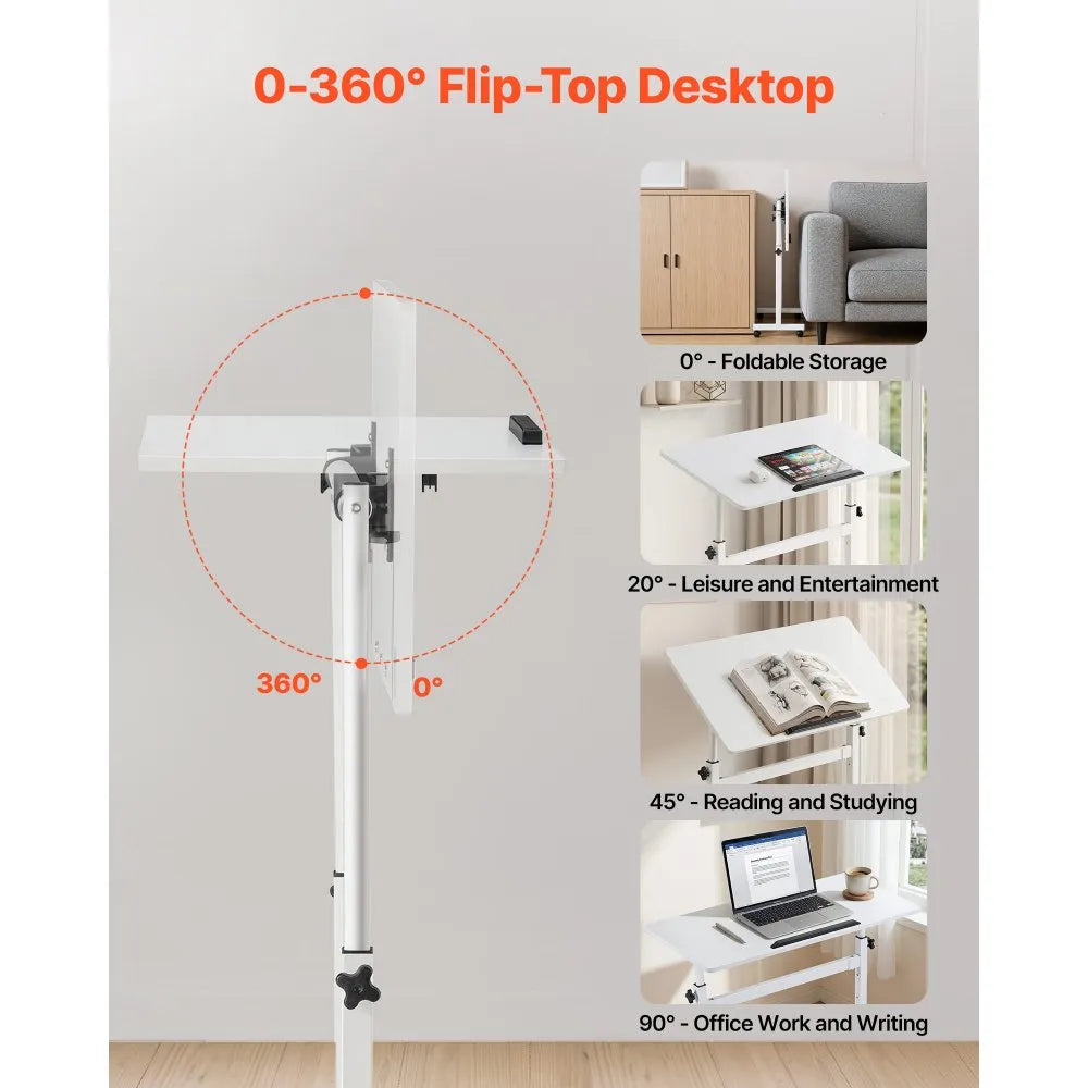 Adjustable Mobile Standing Desk, 32" Rolling Sit-Stand Workstation with 360° Tilting Desktop, Lockable Casters & Hook, White