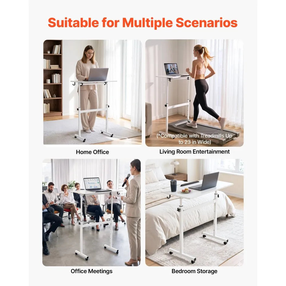 Adjustable Mobile Standing Desk, 32" Rolling Sit-Stand Workstation with 360° Tilting Desktop, Lockable Casters & Hook, White
