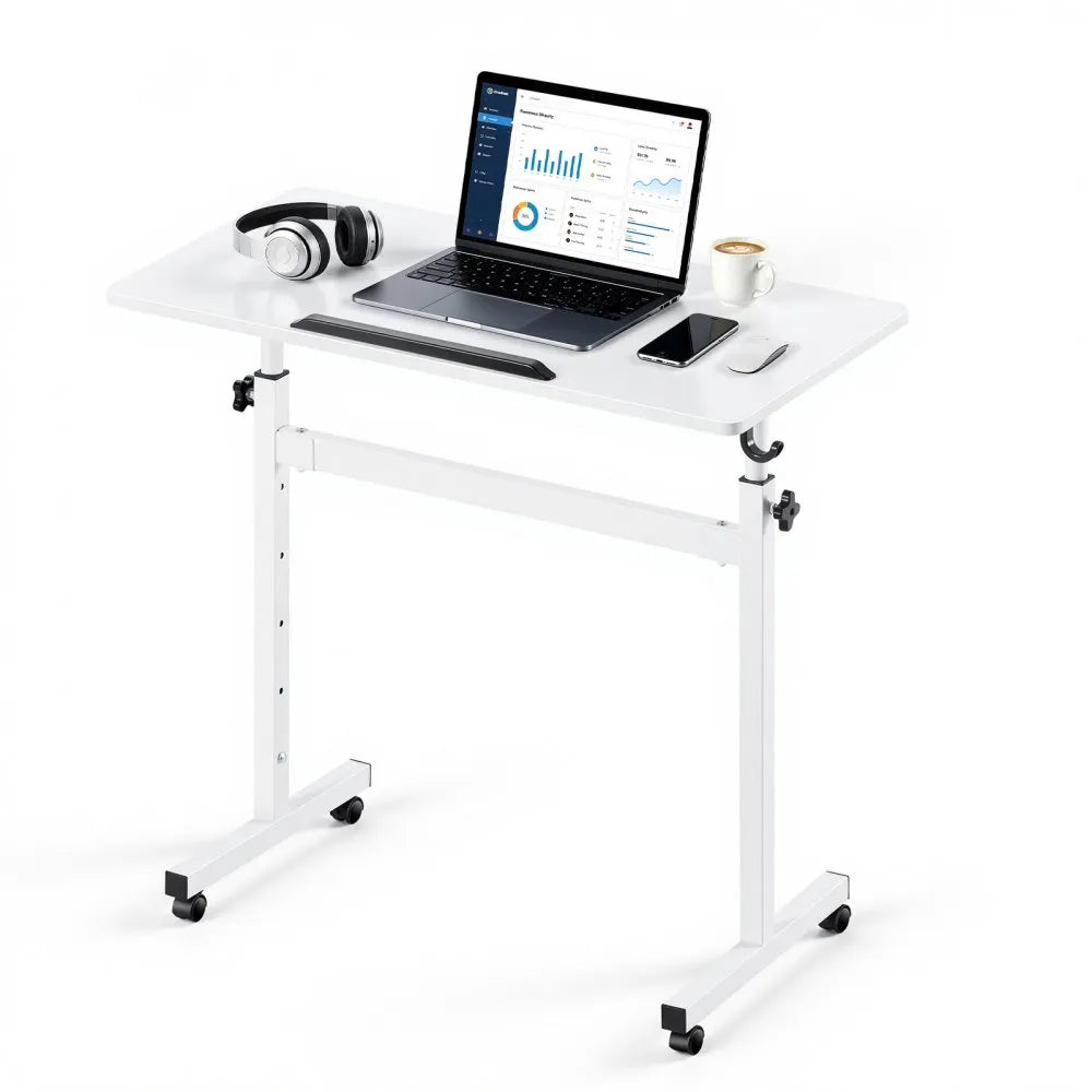 Adjustable Mobile Standing Desk, 32" Rolling Sit-Stand Workstation with 360° Tilting Desktop, Lockable Casters & Hook, White