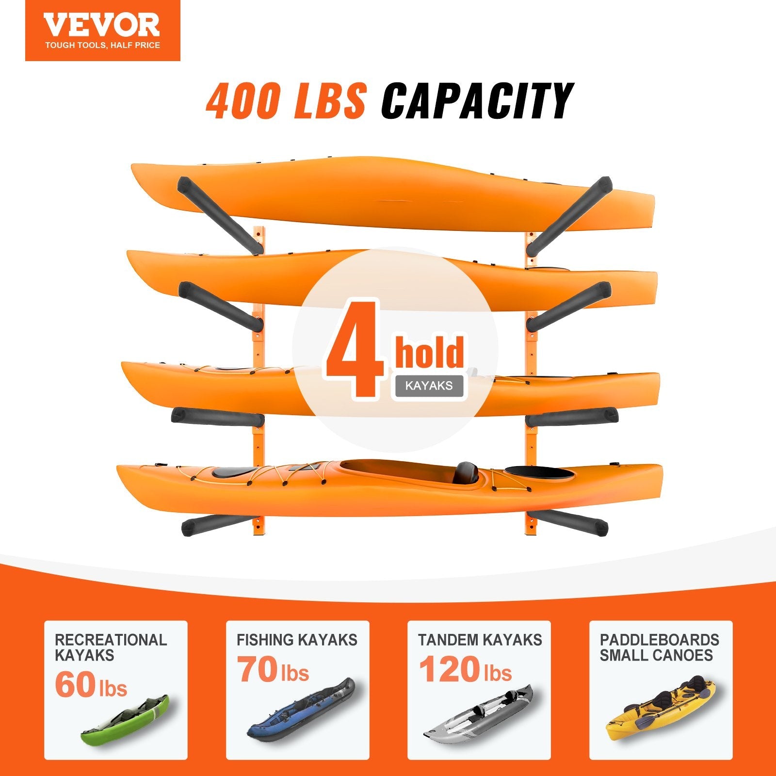 VEVOR Wall Kayak Storage Rack, 4-Capacity Wall Mounted Kayak Holders for Kayak Canoe Paddle Board, Kayak Storage Hooks with Adjustable Padded Arms, 400 LBS Load Kayak Hanger for Indoor Outdoor Garage 