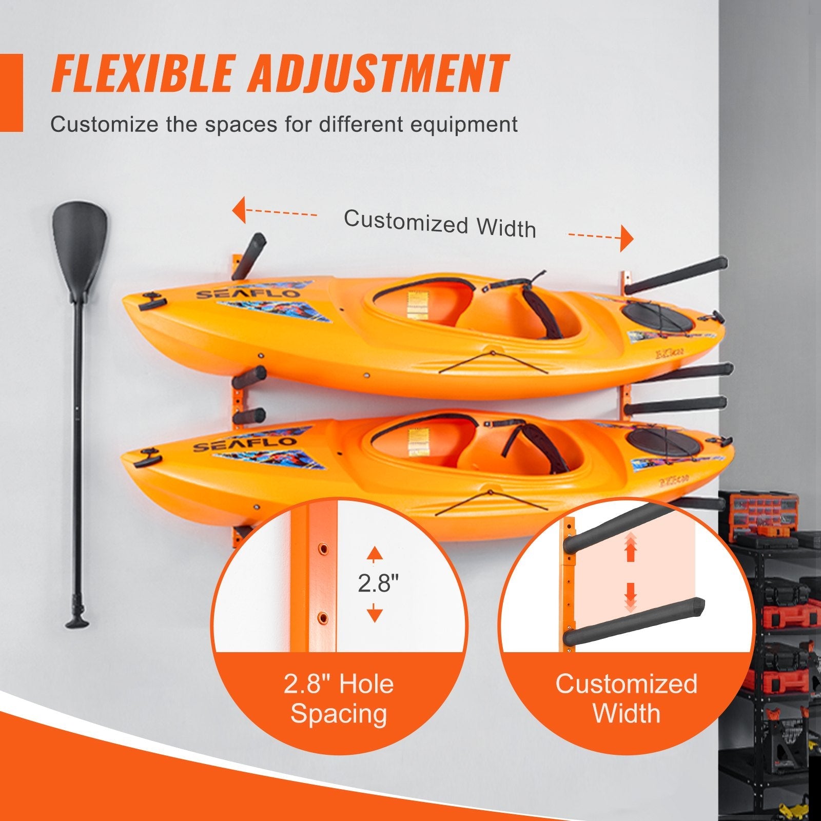 VEVOR Wall Kayak Storage Rack, 4-Capacity Wall Mounted Kayak Holders for Kayak Canoe Paddle Board, Kayak Storage Hooks with Adjustable Padded Arms, 400 LBS Load Kayak Hanger for Indoor Outdoor Garage 