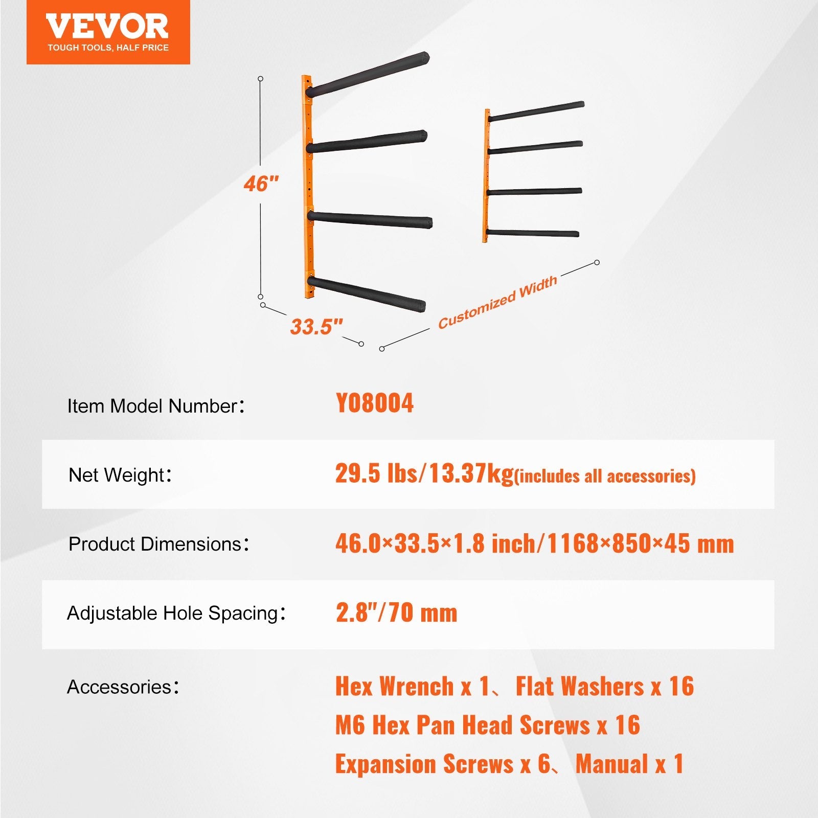 VEVOR Wall Kayak Storage Rack, 4-Capacity Wall Mounted Kayak Holders for Kayak Canoe Paddle Board, Kayak Storage Hooks with Adjustable Padded Arms, 400 LBS Load Kayak Hanger for Indoor Outdoor Garage 