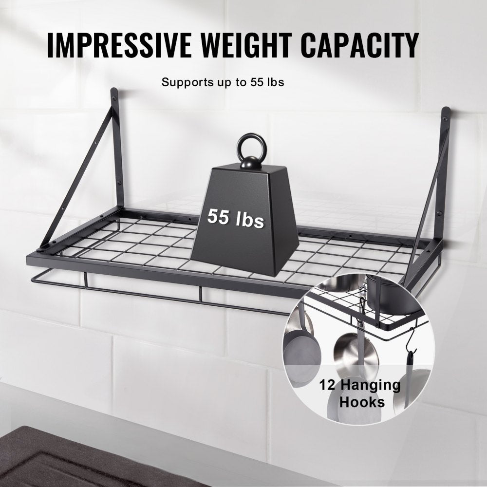 VEVOR Pot Rack Wall Mounted, 24 inch Pot and Pan Hanging Rack, Pot and Pan Hanger with 12 S Hooks, 55 lbs Loading Weight, Ideal for Pans, Utensils, Cookware in Kitchen 