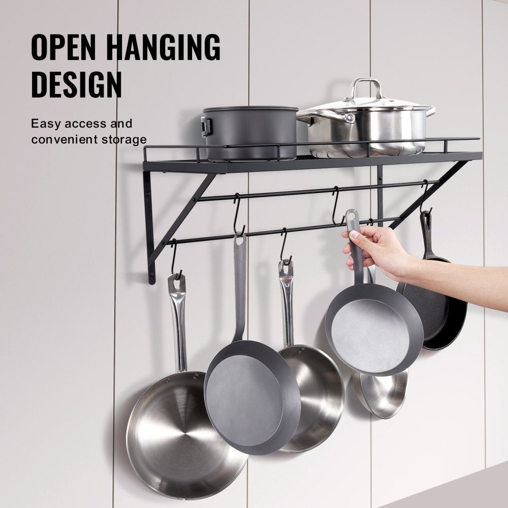 VEVOR Pot Rack Wall Mounted, 24 inch Pot and Pan Hanging Rack, Pot and Pan Hanger with 12 S Hooks, 55 lbs Loading Weight, Ideal for Pans, Utensils, Cookware in Kitchen 