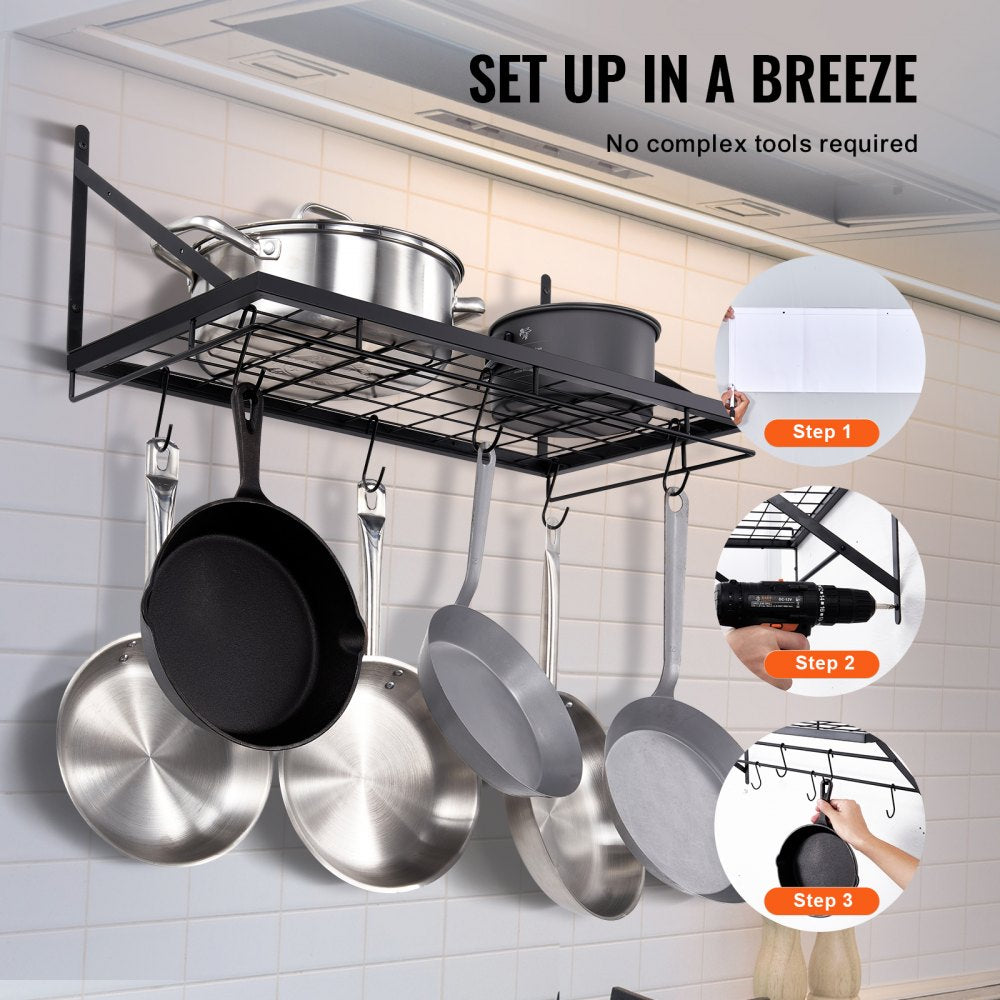 VEVOR Pot Rack Wall Mounted, 24 inch Pot and Pan Hanging Rack, Pot and Pan Hanger with 12 S Hooks, 55 lbs Loading Weight, Ideal for Pans, Utensils, Cookware in Kitchen 