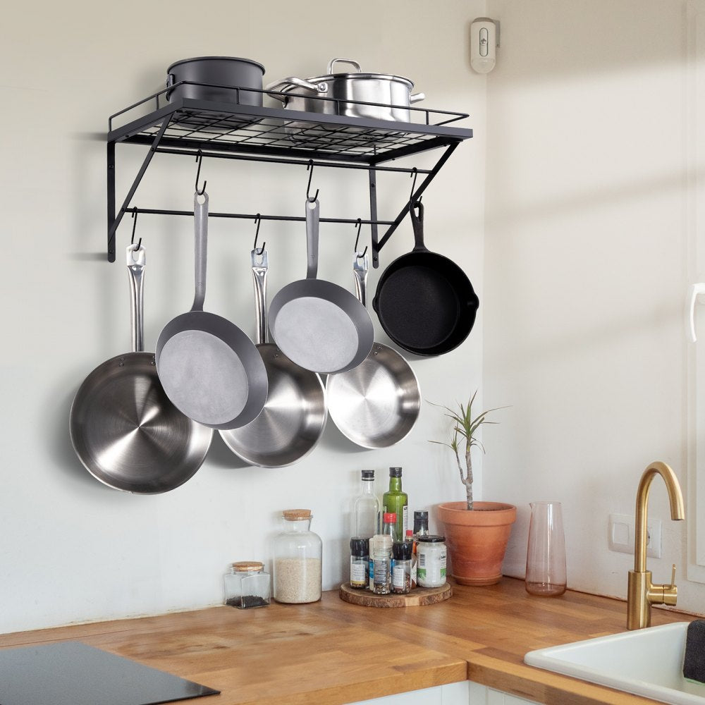 VEVOR Pot Rack Wall Mounted, 24 inch Pot and Pan Hanging Rack, Pot and Pan Hanger with 12 S Hooks, 55 lbs Loading Weight, Ideal for Pans, Utensils, Cookware in Kitchen 