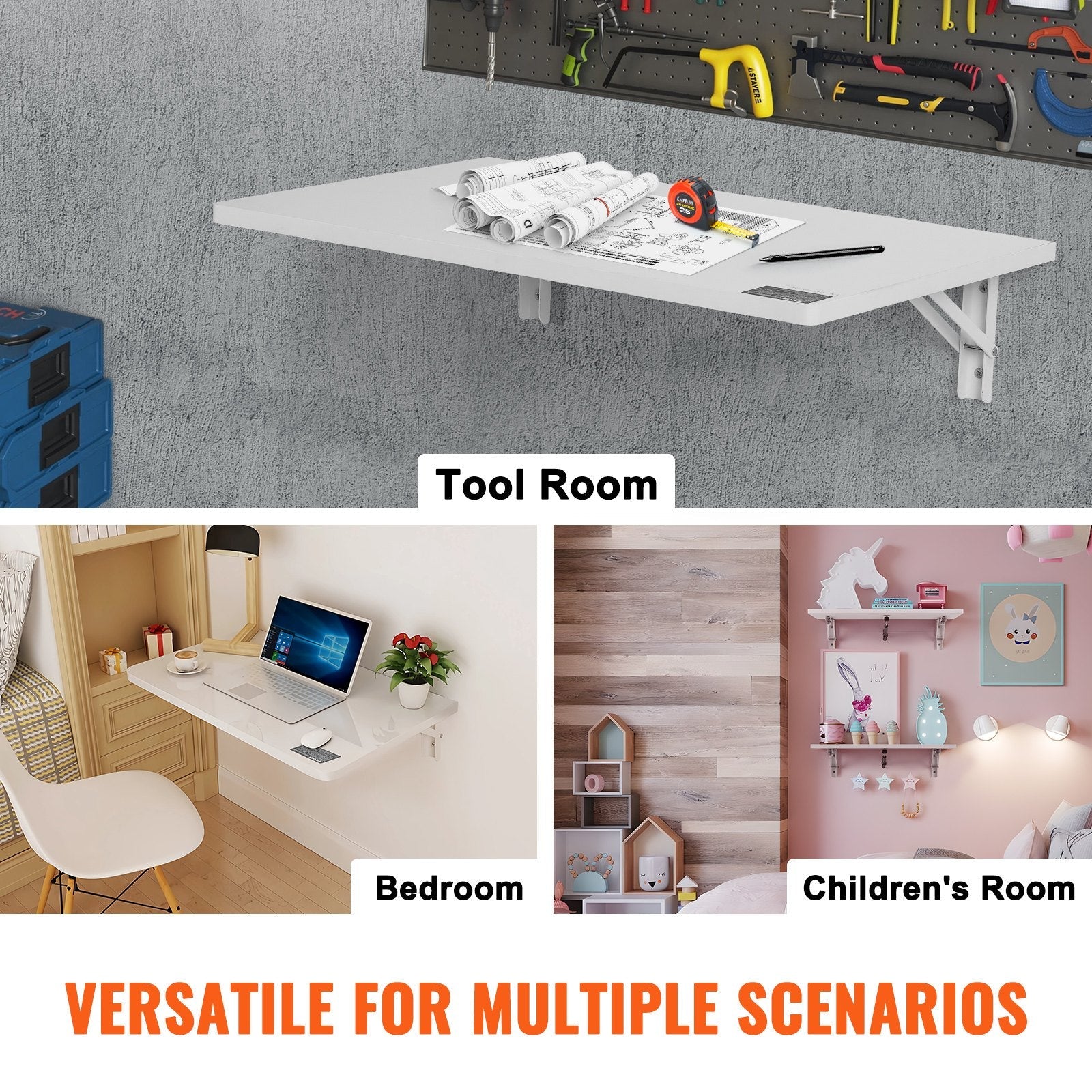 VEVOR Wall Mounted Folding Table, 23.62" x 15.75" Wall Mount Drop Leaf Table, Floating Desk with Iron Bracket, Fold Down Desk for Small Spaces, Home Office, Dining, Laundry Room, Kitchen, Bar, White 