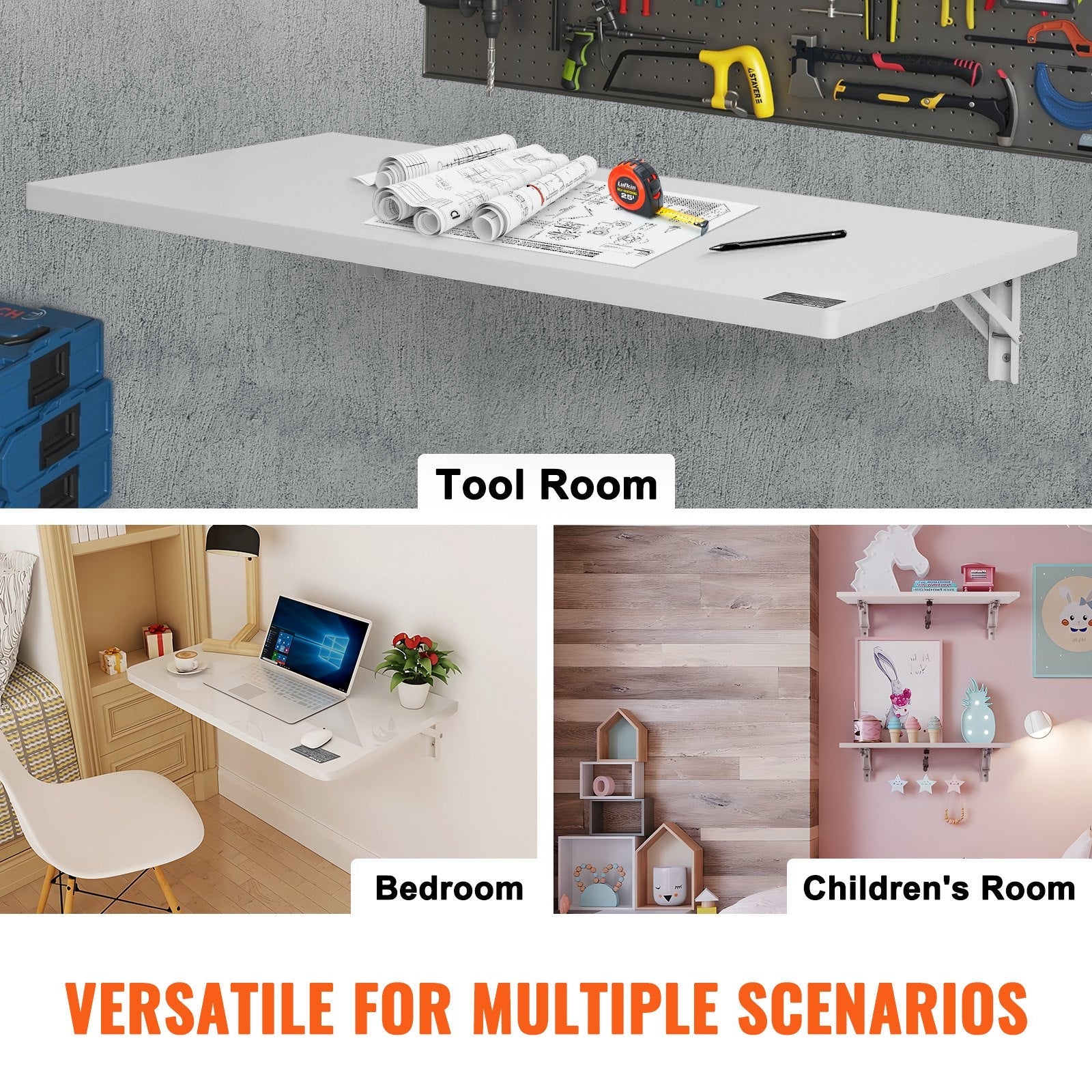 VEVOR Wall Mounted Folding Table, 35.43" x 19.69" Wall Mount Drop Leaf Table, Floating Desk with Iron Bracket, Fold Down Desk for Small Spaces, Home Office, Dining, Laundry Room, Kitchen, Bar, White 