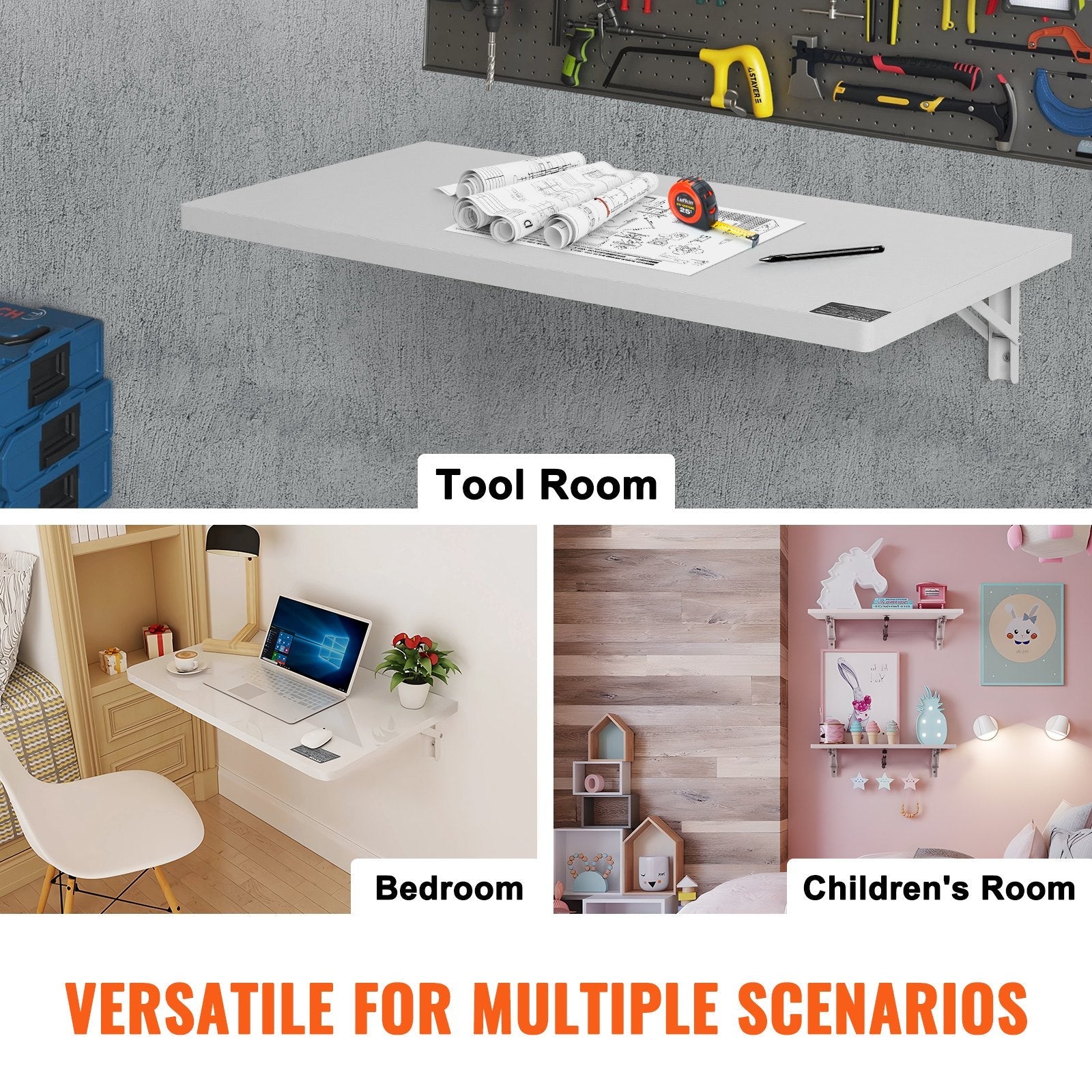 VEVOR Wall Mounted Folding Table, 31.5" x 15.75" Wall Mount Drop Leaf Table, Floating Desk with Iron Bracket, Fold Down Desk for Small Spaces, Home Office, Dining, Laundry Room, Kitchen, Bar, White 