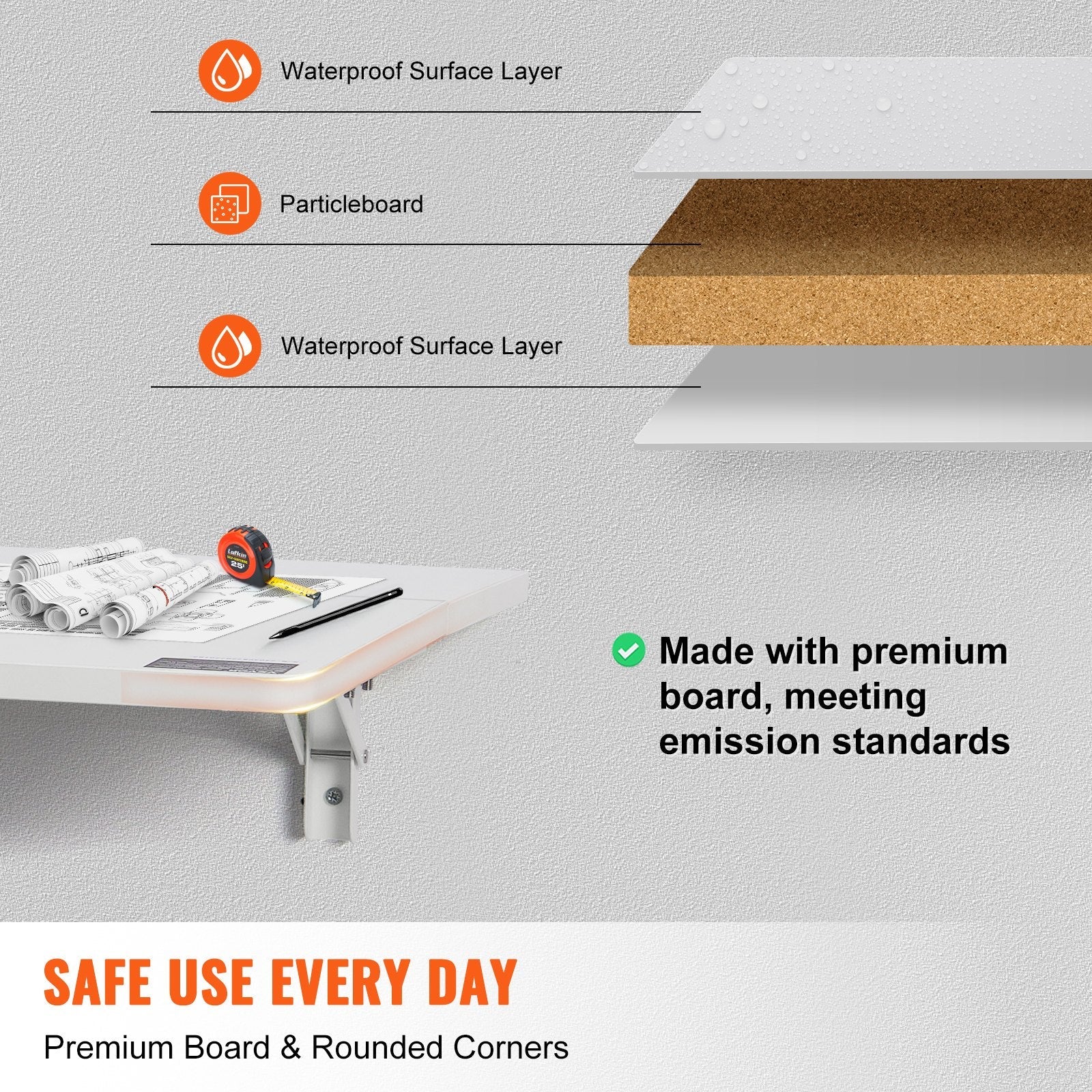 VEVOR Wall Mounted Folding Table, 31.5" x 19.69" Wall Mount Drop Leaf Table, Floating Desk with Iron Bracket, Fold Down Desk for Small Spaces, Home Office, Dining, Laundry Room, Kitchen, Bar, White 