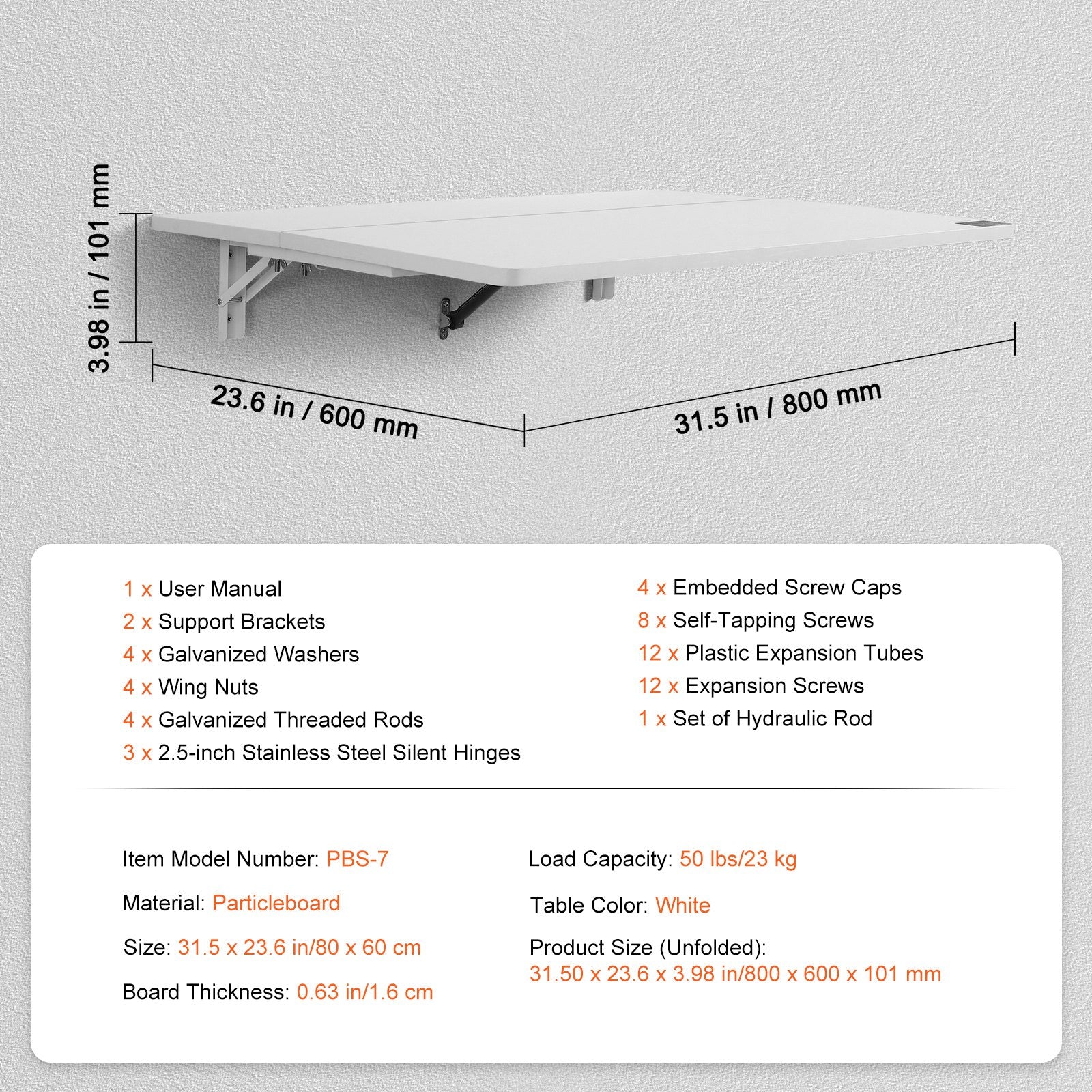 VEVOR Wall Mounted Folding Table, 31.5" x 19.69" Wall Mount Drop Leaf Table, Floating Desk with Iron Bracket, Fold Down Desk for Small Spaces, Home Office, Dining, Laundry Room, Kitchen, Bar, White 