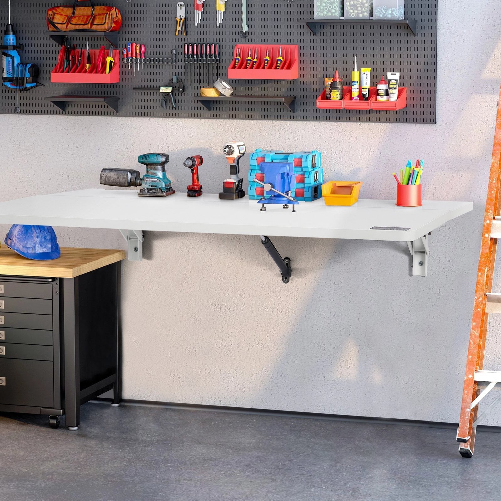 VEVOR Wall Mounted Folding Table, 31.5" x 19.69" Wall Mount Drop Leaf Table, Floating Desk with Iron Bracket, Fold Down Desk for Small Spaces, Home Office, Dining, Laundry Room, Kitchen, Bar, White 