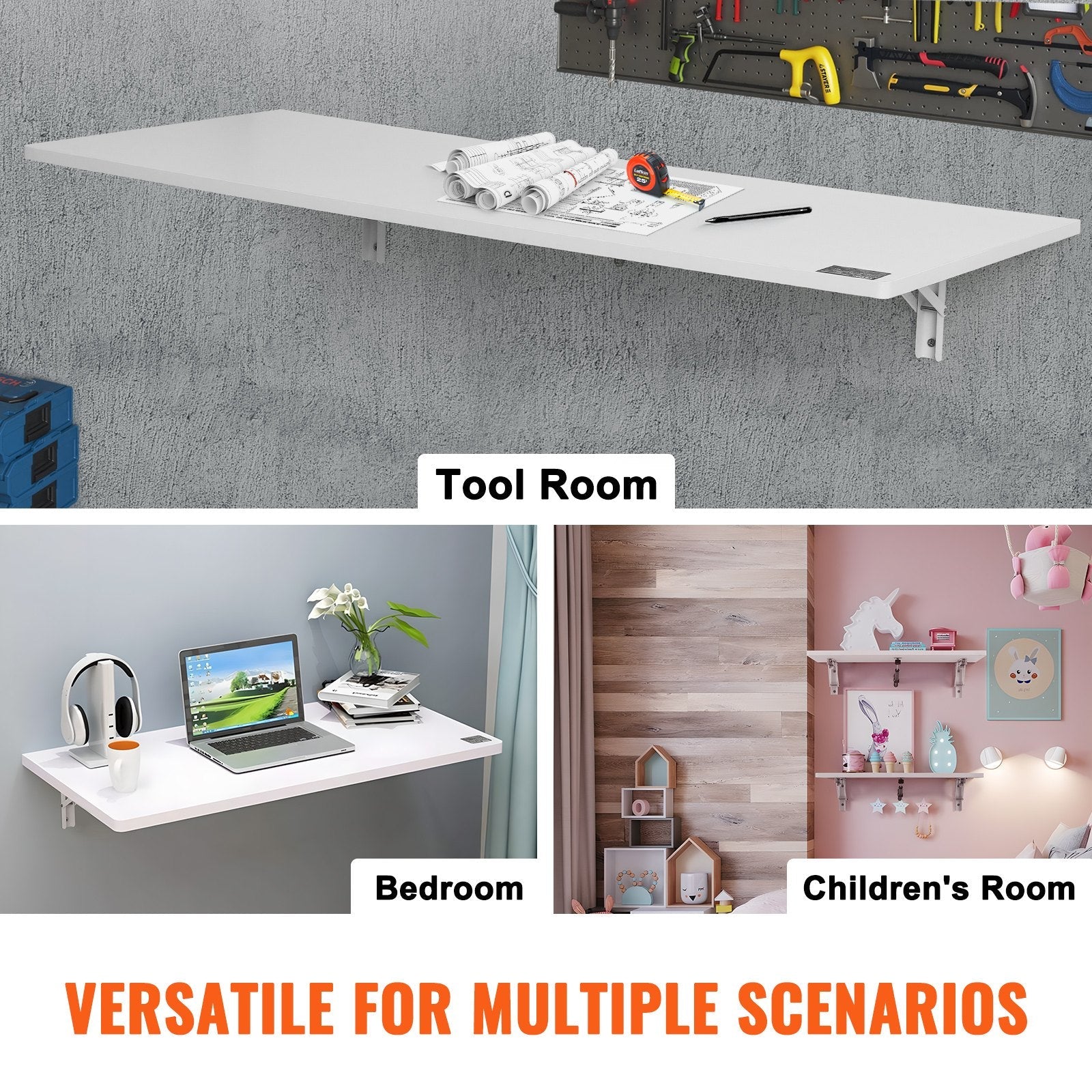 VEVOR Wall Mounted Folding Table, 43.31" x 18.11" Wall Mount Drop Leaf Table, Floating Desk with Iron Bracket, Fold Down Desk for Small Spaces, Home Office, Dining, Laundry Room, Kitchen, Bar, White 