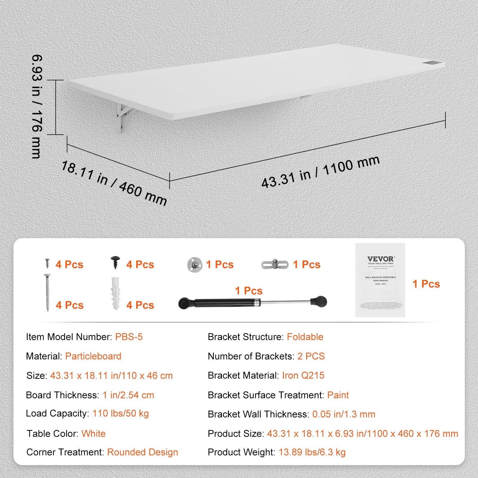 VEVOR Wall Mounted Folding Table, 43.31" x 18.11" Wall Mount Drop Leaf Table, Floating Desk with Iron Bracket, Fold Down Desk for Small Spaces, Home Office, Dining, Laundry Room, Kitchen, Bar, White 