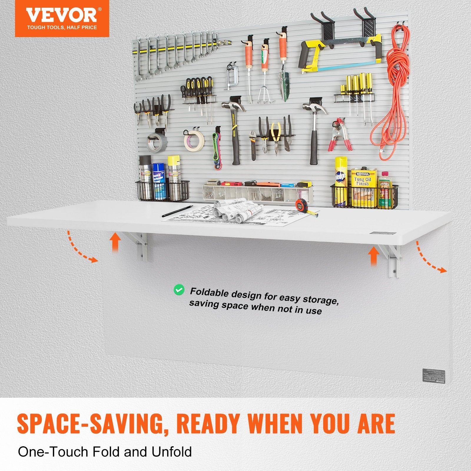 VEVOR Wall Mounted Folding Table, 47.24" x 19.69" Wall Mount Drop Leaf Table, Floating Desk with Iron Bracket, Fold Down Desk for Small Spaces, Home Office, Dining, Laundry Room, Kitchen, Bar, White 