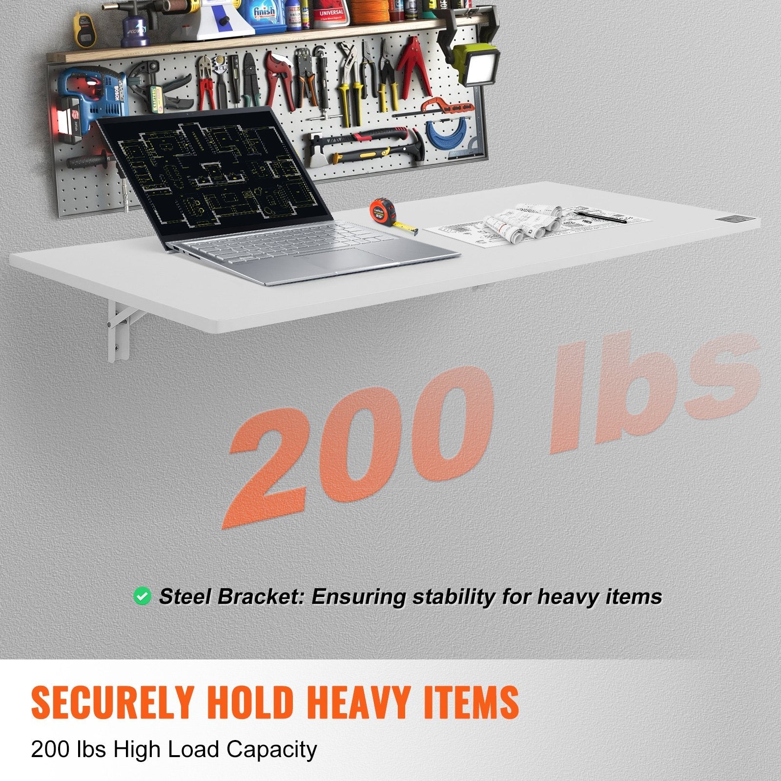 VEVOR Wall Mounted Folding Table, 47.24" x 19.69" Wall Mount Drop Leaf Table, Floating Desk with Iron Bracket, Fold Down Desk for Small Spaces, Home Office, Dining, Laundry Room, Kitchen, Bar, White 