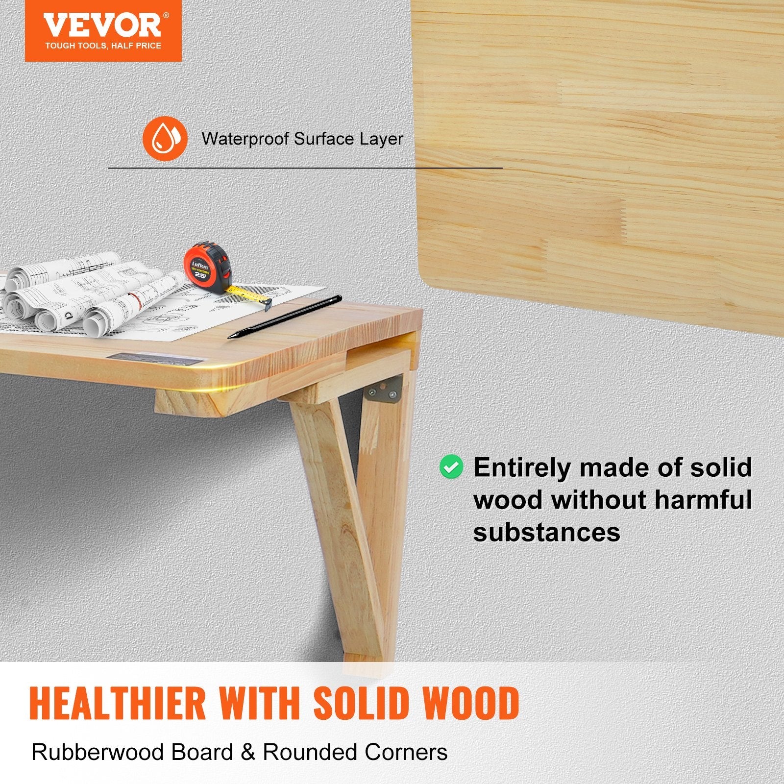 VEVOR Wall Mounted Folding Table, 31.5" x 23.62" Wall Mount Drop Leaf Table, Wooden Floating Desk with Iron Bracket, Fold Down Desk for Small Spaces, Home Office, Dining, Laundry Room, Kitchen, Bar 
