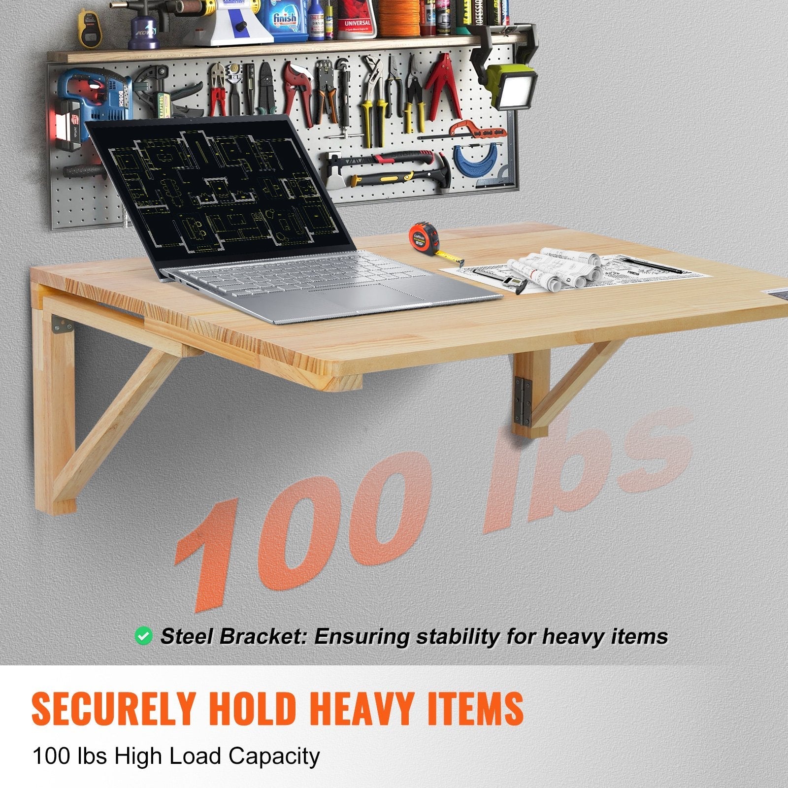 VEVOR Wall Mounted Folding Table, 31.5" x 23.62" Wall Mount Drop Leaf Table, Wooden Floating Desk with Iron Bracket, Fold Down Desk for Small Spaces, Home Office, Dining, Laundry Room, Kitchen, Bar 