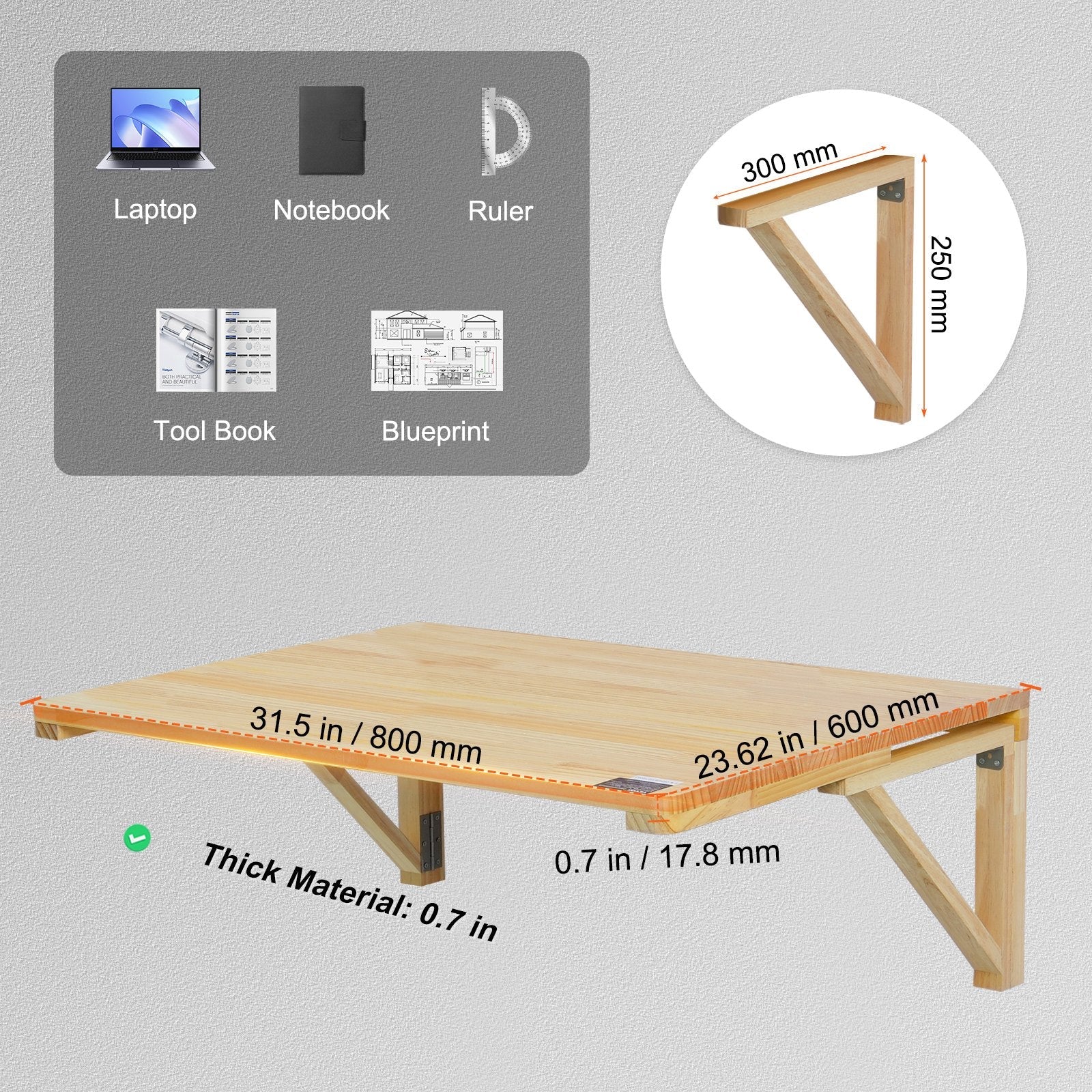 VEVOR Wall Mounted Folding Table, 31.5" x 23.62" Wall Mount Drop Leaf Table, Wooden Floating Desk with Iron Bracket, Fold Down Desk for Small Spaces, Home Office, Dining, Laundry Room, Kitchen, Bar 