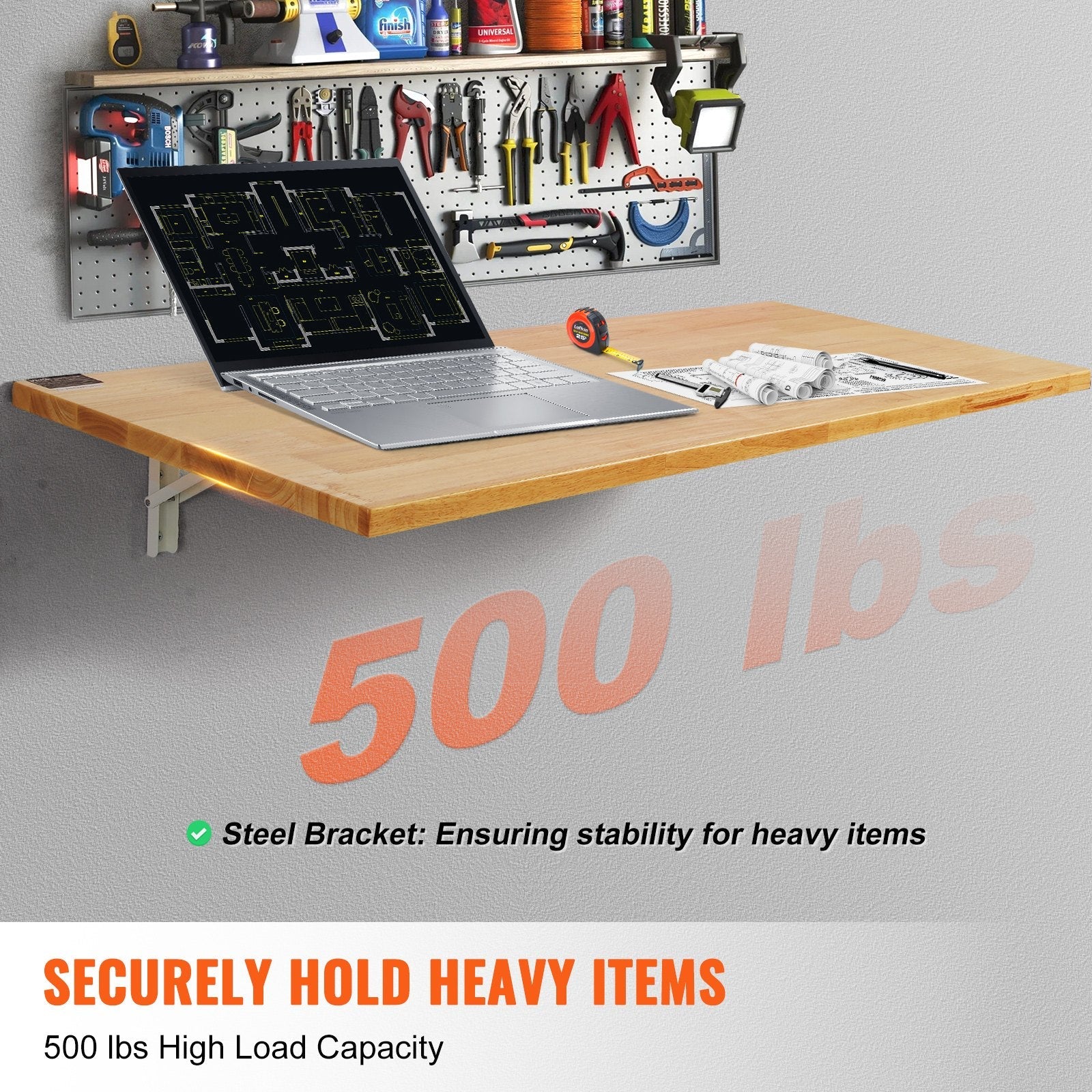 VEVOR Wall Mounted Folding Table, 47.24" x 19.69" Wall Mount Drop Leaf Table, Wooden Floating Desk with Iron Bracket, Fold Down Desk for Small Spaces, Home Office, Dining, Laundry Room, Kitchen, Bar 