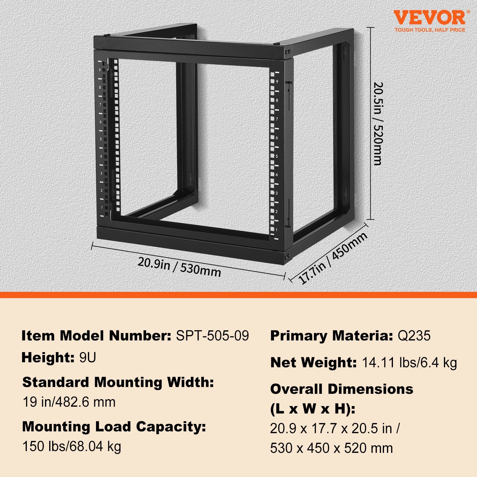 VEVOR 9U Wall Mount Rack 150 lbs/68.04 kg Open Frame Server Network Rack Black 