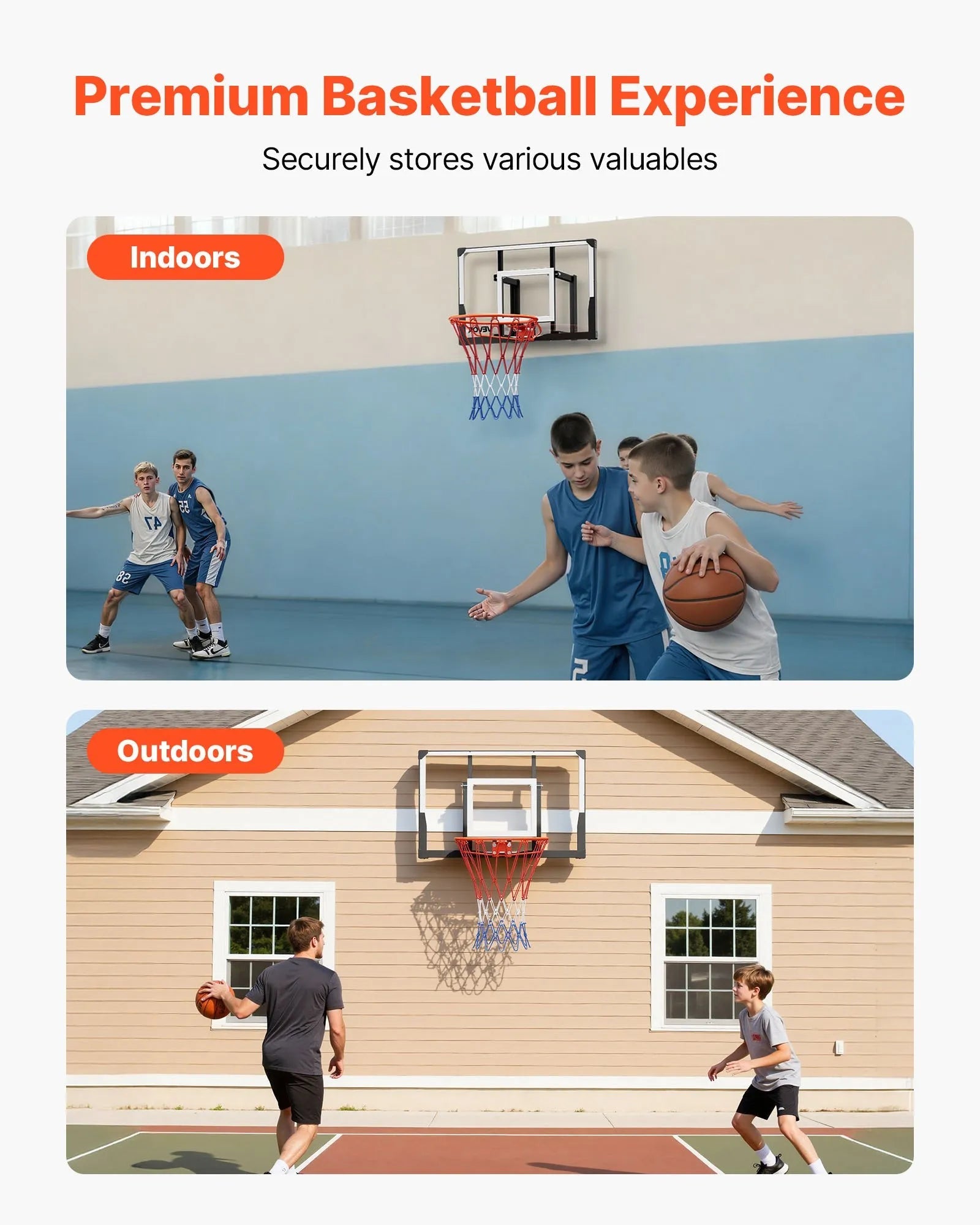 VEVOR Wall Mount Basketball Hoop, 44-inch PC Backboard Mounted Basketball Hoop Outdoor with Solid Steel, 0.08 inch Thickened Backboard, Thickened Woven Nylon Basketballs Net, Indoor & Outdoor Use 