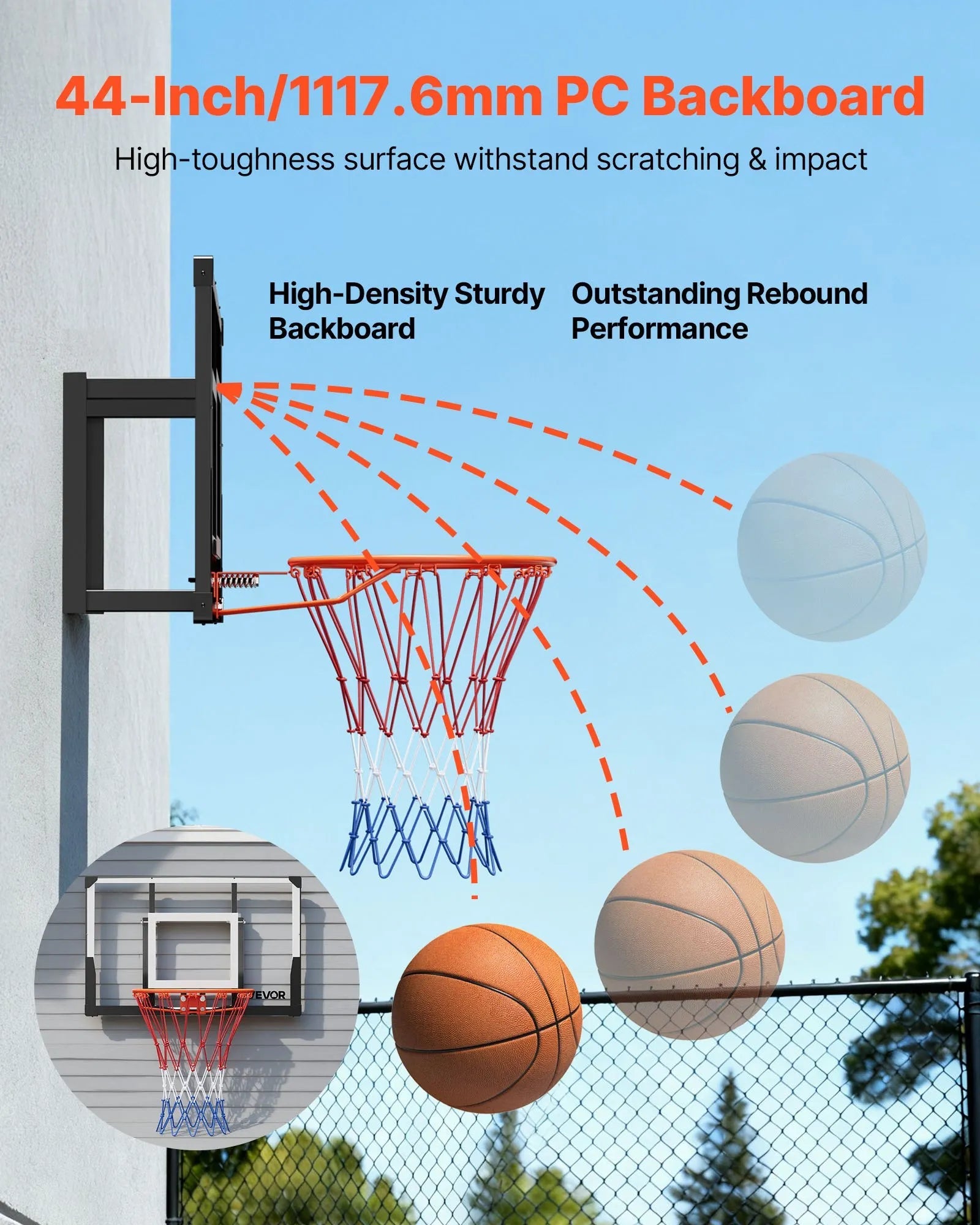 VEVOR Wall Mount Basketball Hoop, 44-inch PC Backboard Mounted Basketball Hoop Outdoor with Solid Steel, 0.08 inch Thickened Backboard, Thickened Woven Nylon Basketballs Net, Indoor & Outdoor Use 