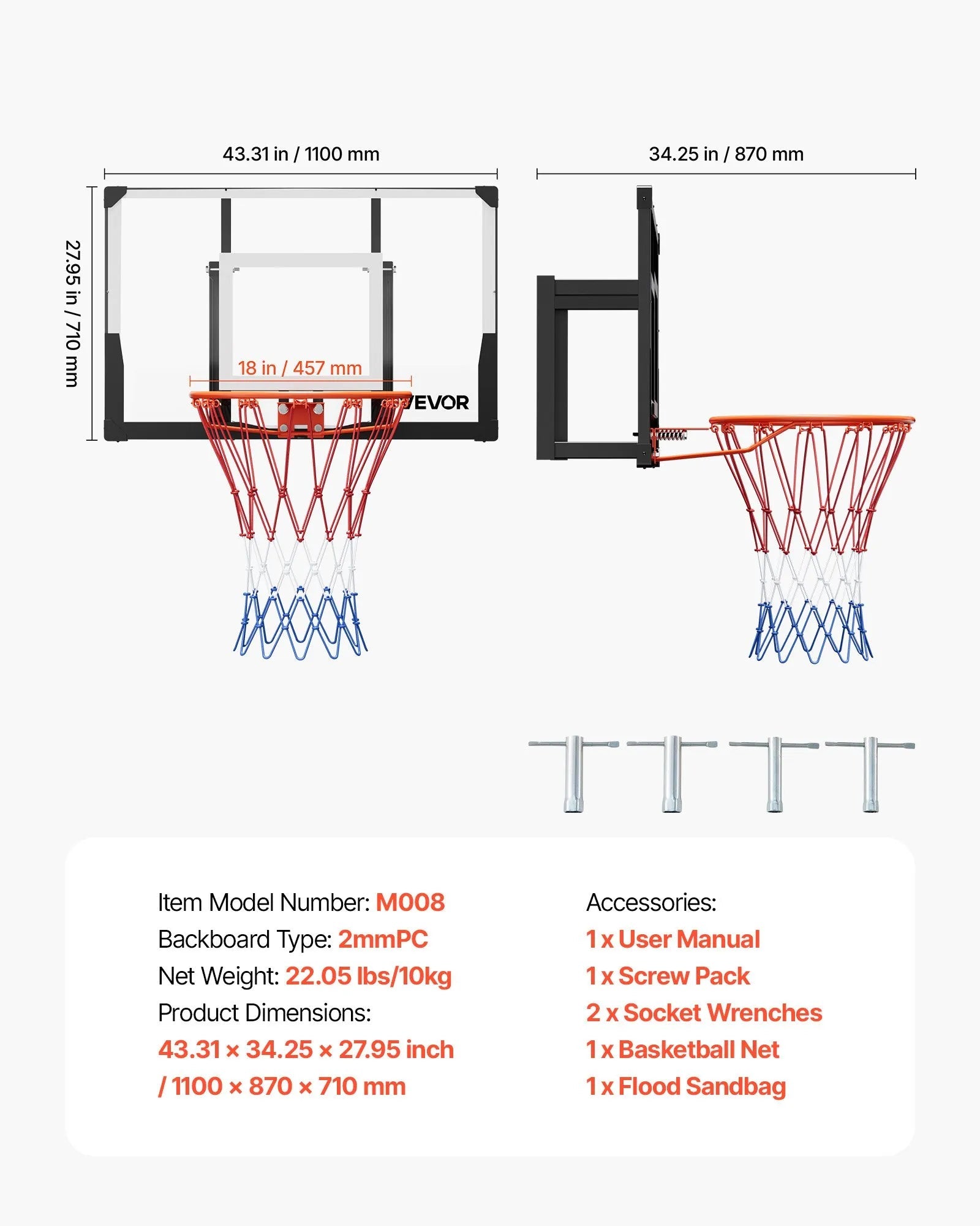VEVOR Wall Mount Basketball Hoop, 44-inch PC Backboard Mounted Basketball Hoop Outdoor with Solid Steel, 0.08 inch Thickened Backboard, Thickened Woven Nylon Basketballs Net, Indoor & Outdoor Use 