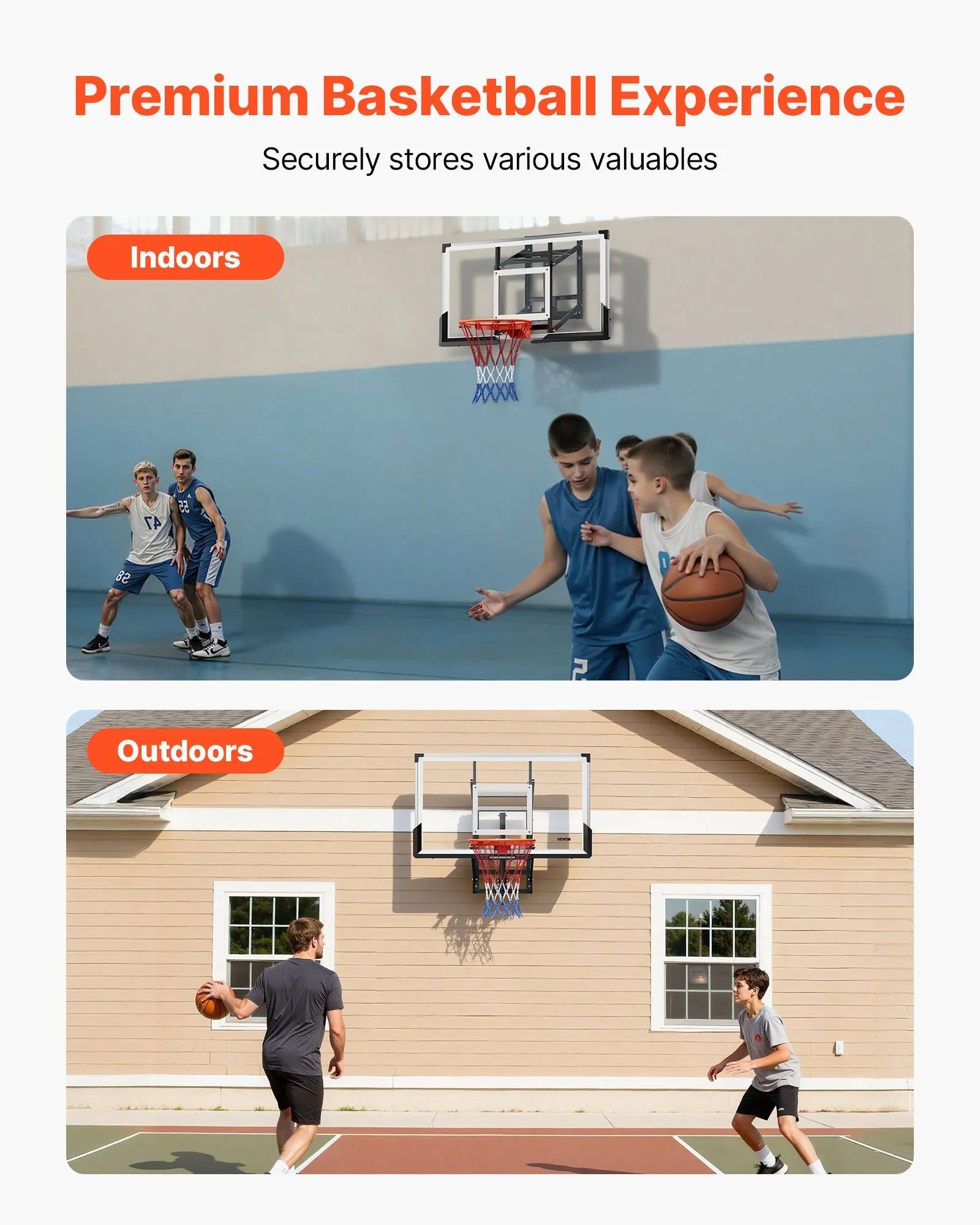 VEVOR Wall Mount Basketball Hoop, 54-inch PC Backboard Mounted Basketball Hoop Outdoor with Hand-Crank Adjustment, 0.11 inch Thickened Backboard, Classic Basketballs Hoops Design, Indoor & Outdoor Use 
