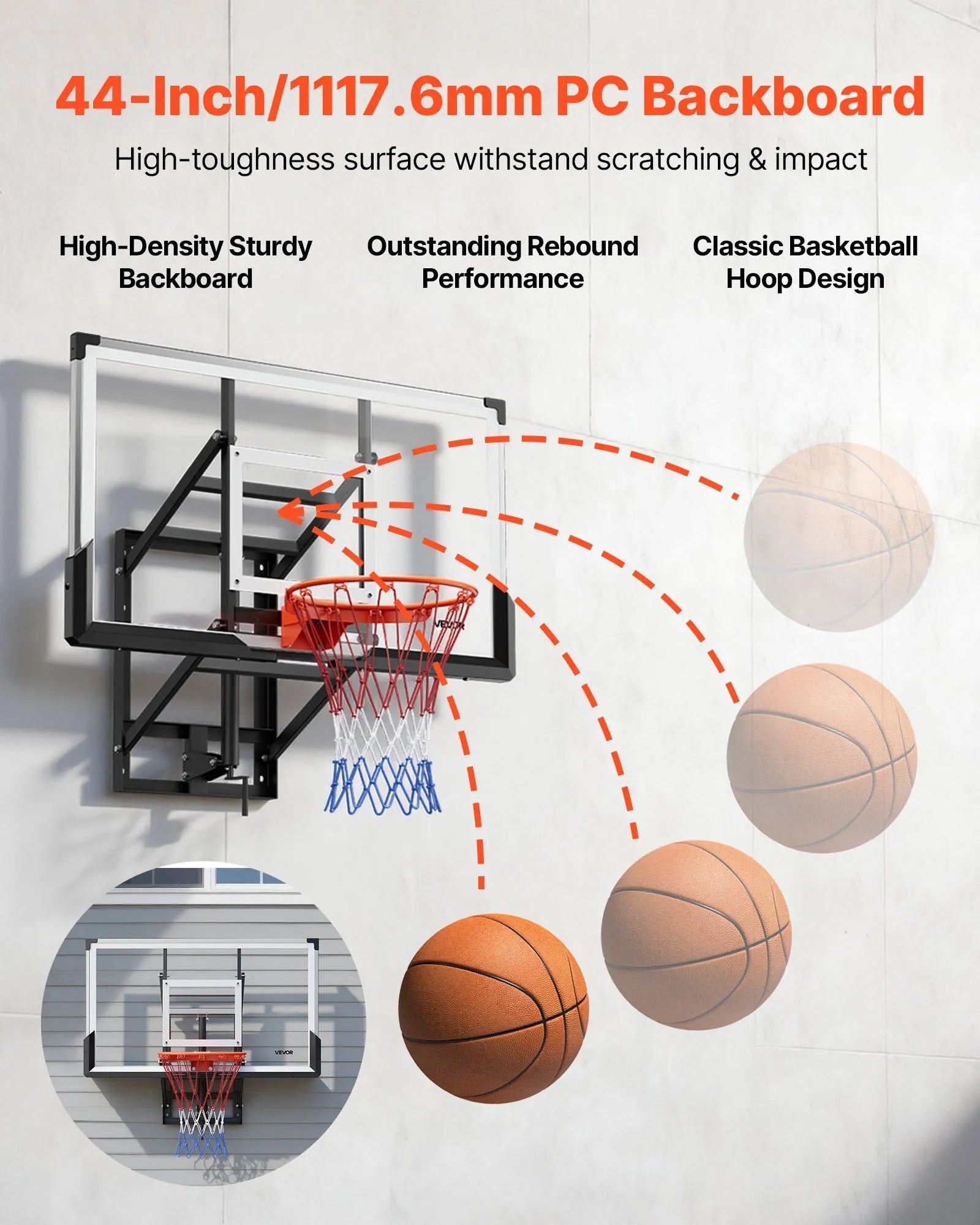 VEVOR Wall Mount Basketball Hoop, 54-inch PC Backboard Mounted Basketball Hoop Outdoor with Hand-Crank Adjustment, 0.11 inch Thickened Backboard, Classic Basketballs Hoops Design, Indoor & Outdoor Use 