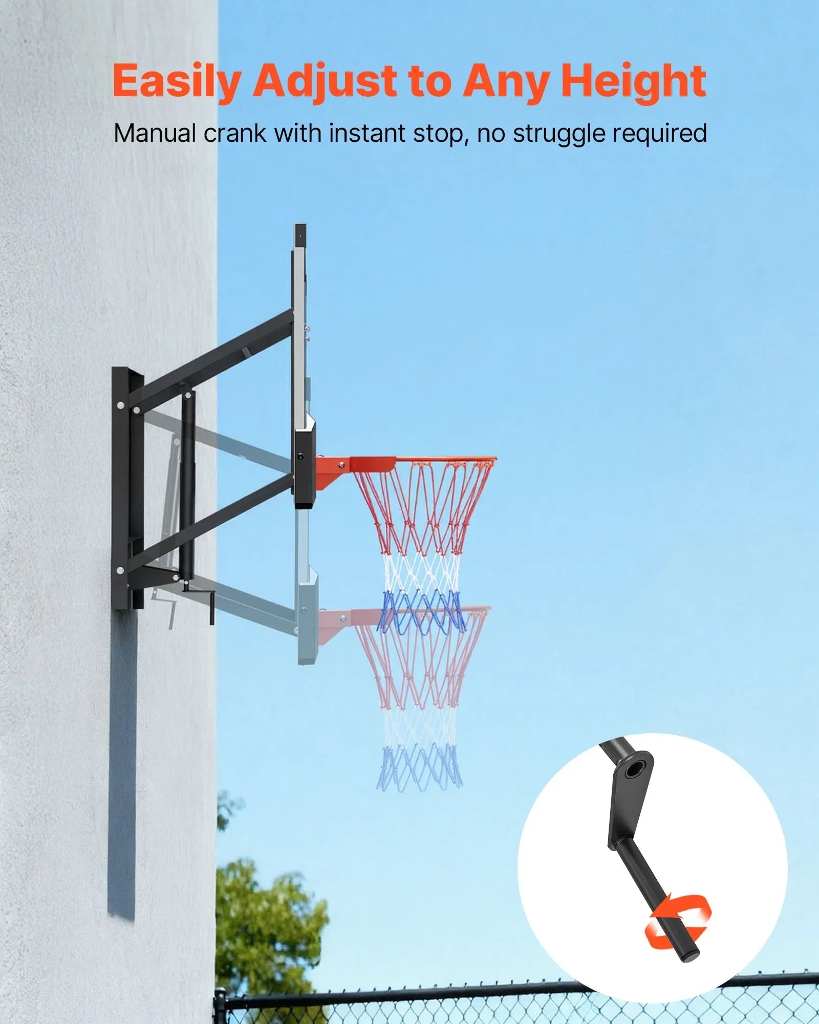 VEVOR Wall Mount Basketball Hoop, 54-inch PC Backboard Mounted Basketball Hoop Outdoor with Hand-Crank Adjustment, 0.11 inch Thickened Backboard, Classic Basketballs Hoops Design, Indoor & Outdoor Use 