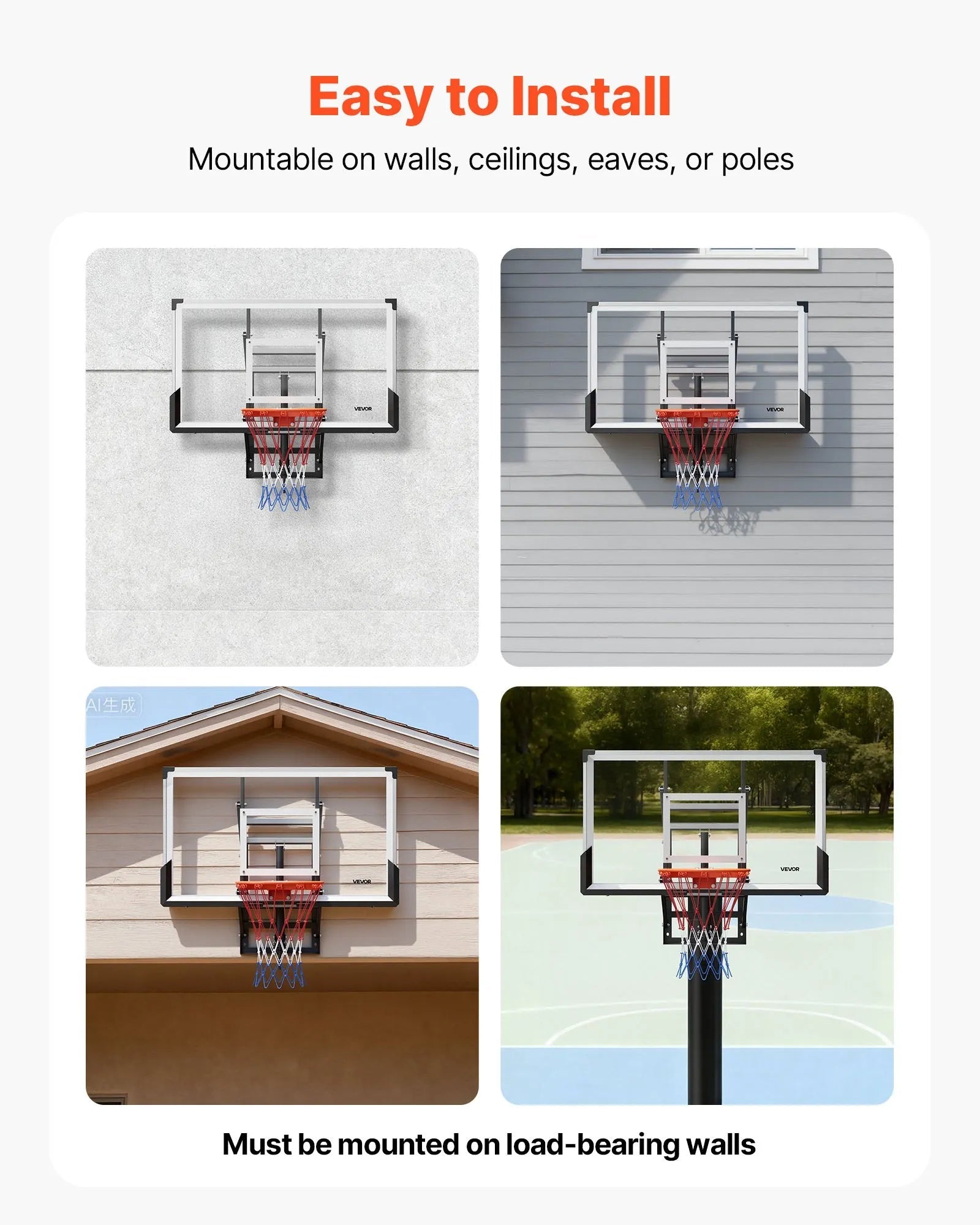 VEVOR Wall Mount Basketball Hoop, 54-inch PC Backboard Mounted Basketball Hoop Outdoor with Hand-Crank Adjustment, 0.11 inch Thickened Backboard, Classic Basketballs Hoops Design, Indoor & Outdoor Use 