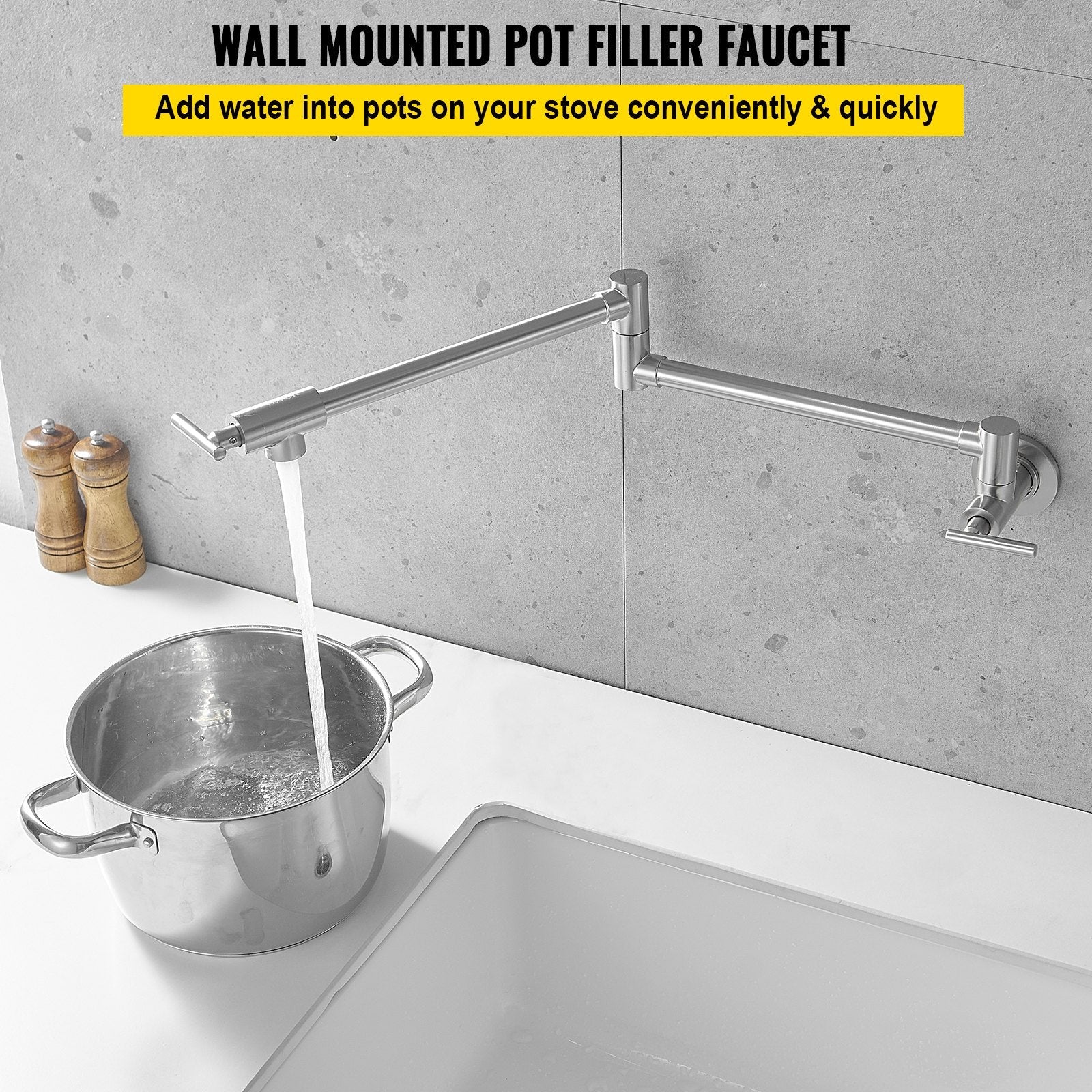 VEVOR Pot Filler Faucet, Solid Brass Commercial Wall Mount Kitchen Stove Faucet with Gold Brushed Finish, Folding Restaurant Sink Faucet with Double Joint Swing Arm & 2 Handles 
