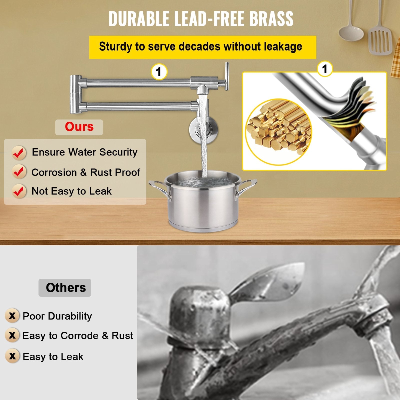 VEVOR Pot Filler Faucet, Solid Brass Commercial Wall Mount Kitchen Stove Faucet with Gold Brushed Finish, Folding Restaurant Sink Faucet with Double Joint Swing Arm & 2 Handles 