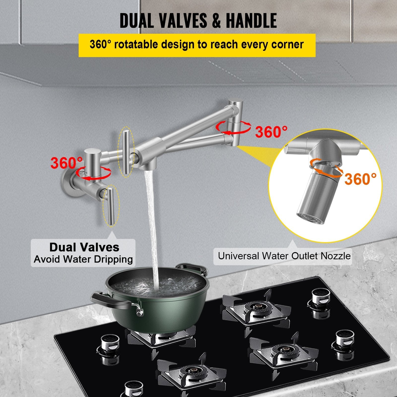VEVOR Pot Filler Faucet, Solid Brass Commercial Wall Mount Kitchen Stove Faucet with Gold Brushed Finish, Folding Restaurant Sink Faucet with Double Joint Swing Arm & 2 Handles 