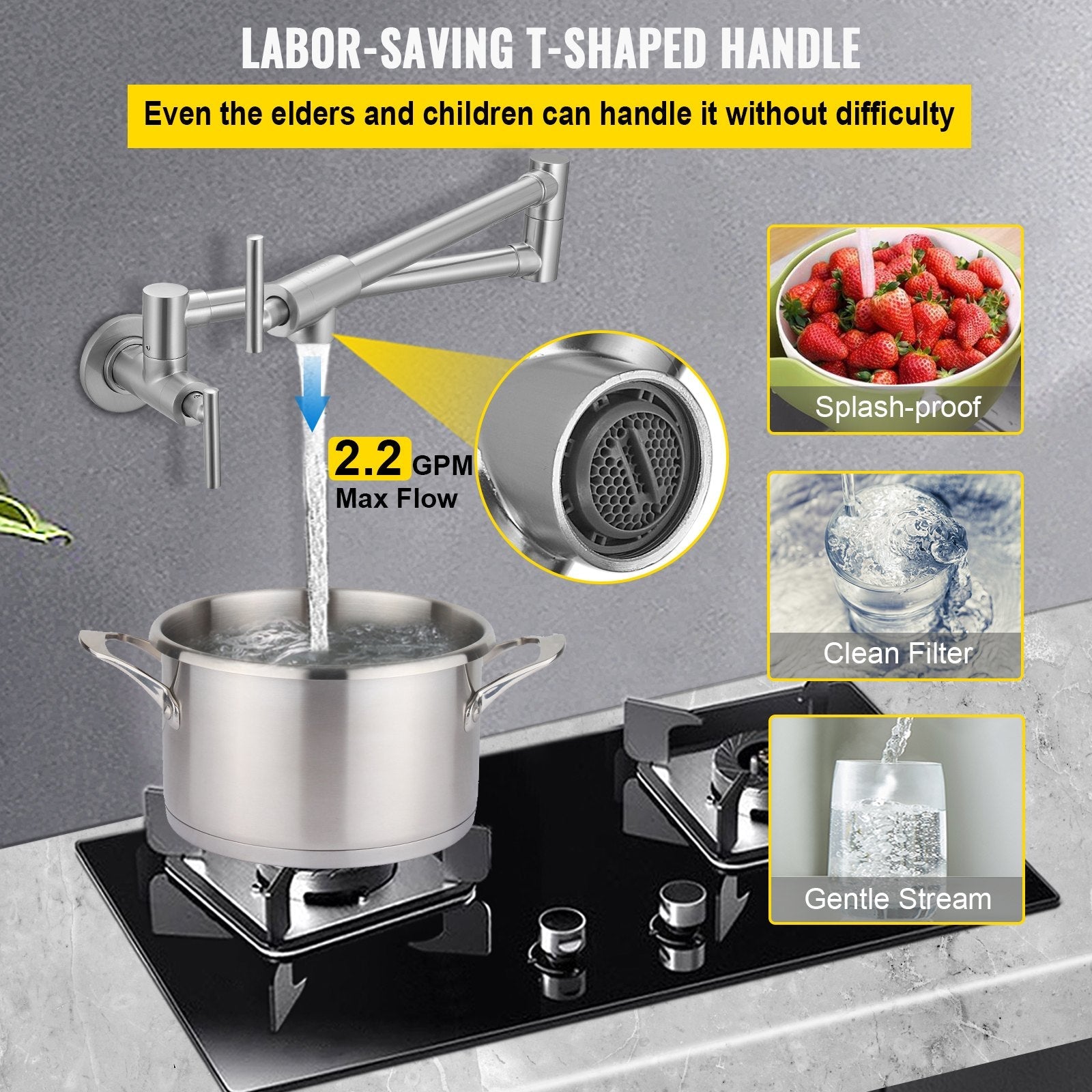 VEVOR Pot Filler Faucet, Solid Brass Commercial Wall Mount Kitchen Stove Faucet with Gold Brushed Finish, Folding Restaurant Sink Faucet with Double Joint Swing Arm & 2 Handles 