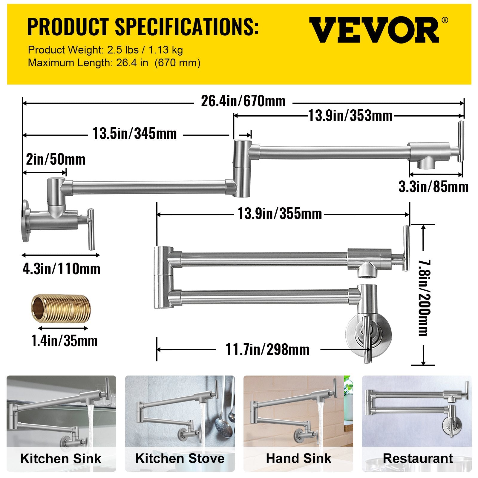 VEVOR Pot Filler Faucet, Solid Brass Commercial Wall Mount Kitchen Stove Faucet with Gold Brushed Finish, Folding Restaurant Sink Faucet with Double Joint Swing Arm & 2 Handles 