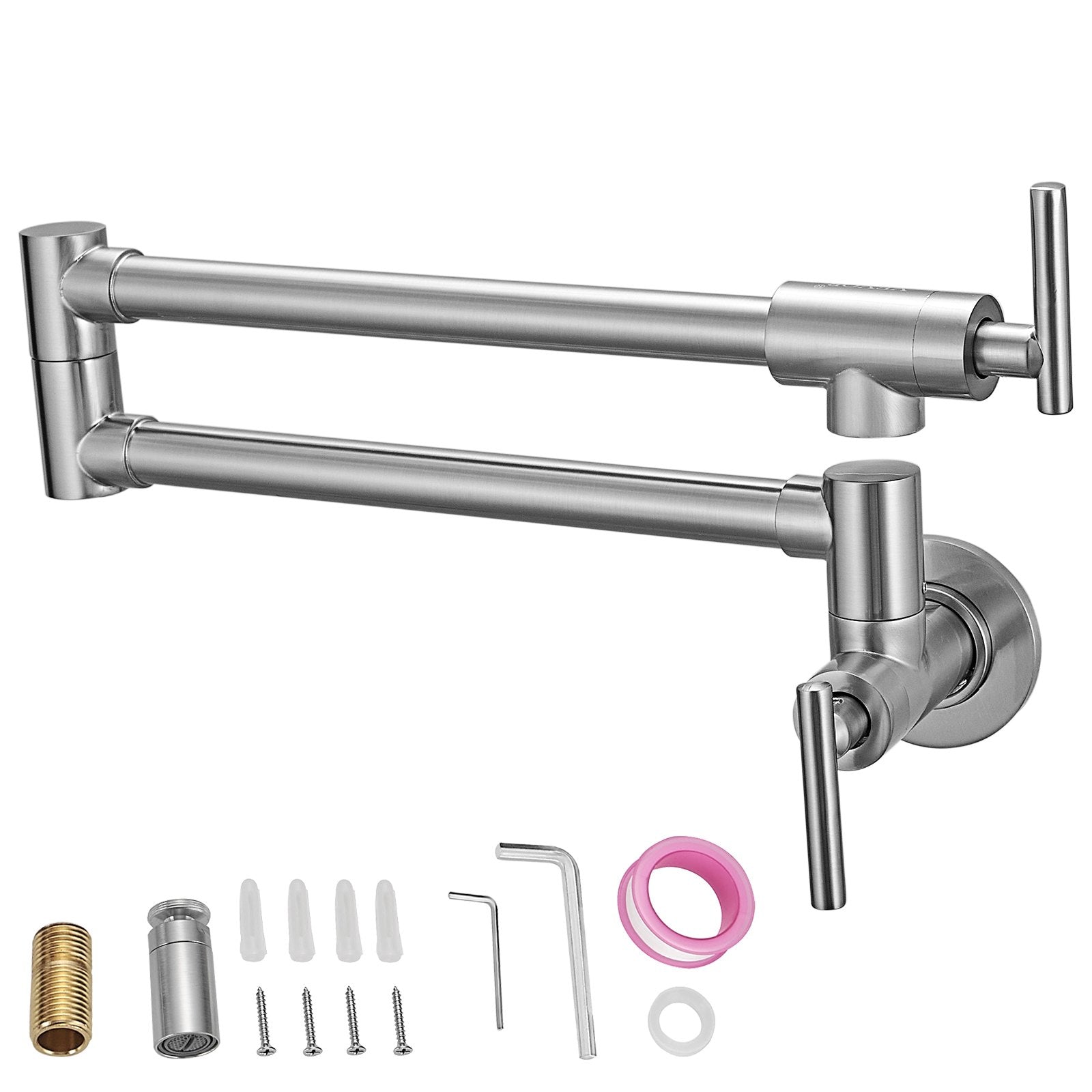 VEVOR Pot Filler Faucet, Solid Brass Commercial Wall Mount Kitchen Stove Faucet with Gold Brushed Finish, Folding Restaurant Sink Faucet with Double Joint Swing Arm & 2 Handles 