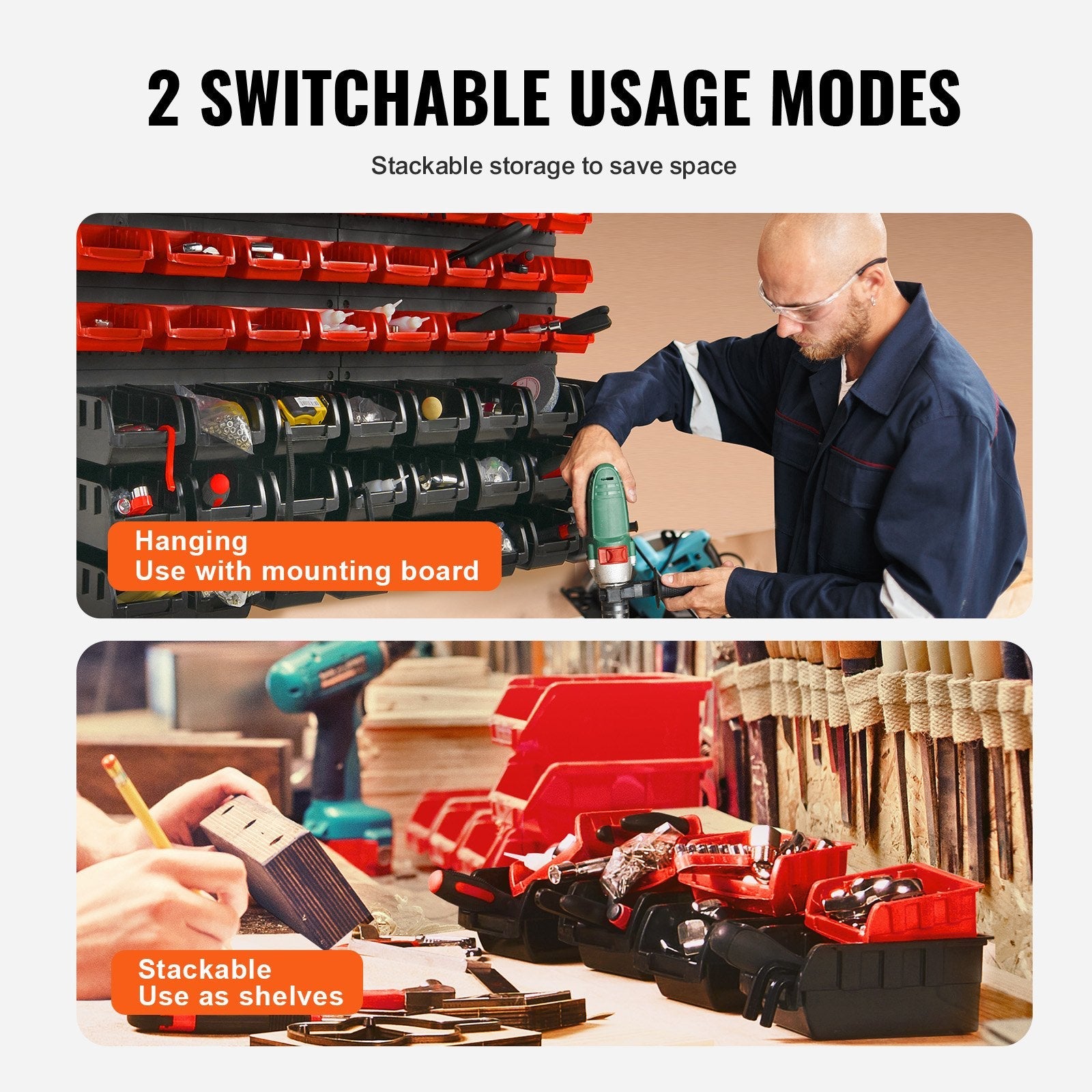 VEVOR Wall Mounted Storage Bins, 48-Bin Parts Rack Organizer Garage Plastic Shop Tool with Wall Panels, Tool Organizer for Nuts, Bolts, Screws, Nails, Beads, Buttons, Other Small Parts, Black and Red 