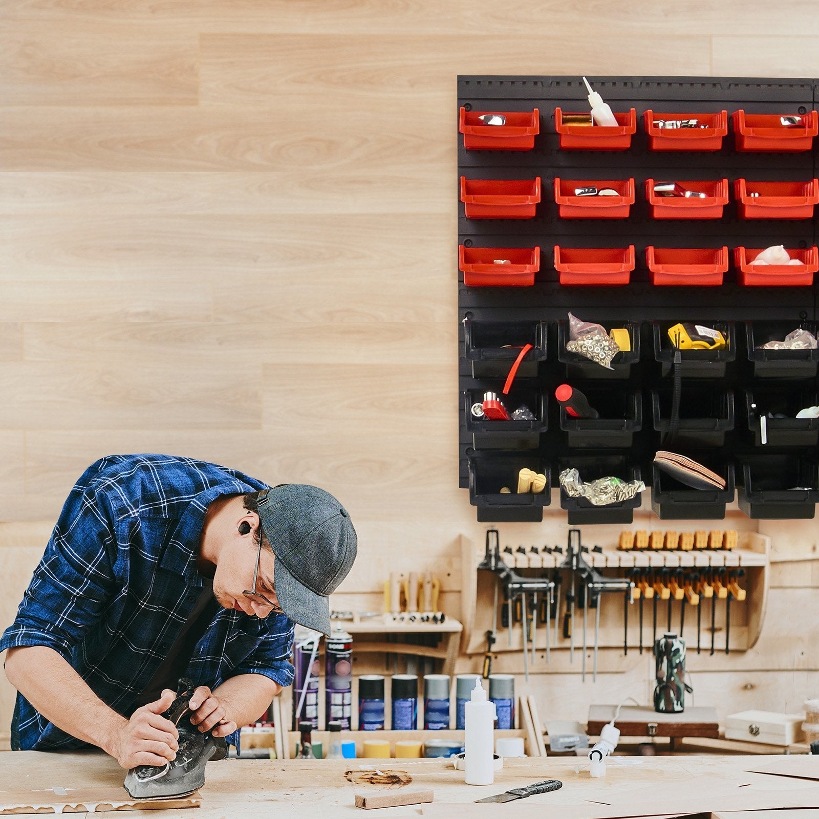 VEVOR Wall Mounted Storage Bins, 48-Bin Parts Rack Organizer Garage Plastic Shop Tool with Wall Panels, Tool Organizer for Nuts, Bolts, Screws, Nails, Beads, Buttons, Other Small Parts, Black and Red 